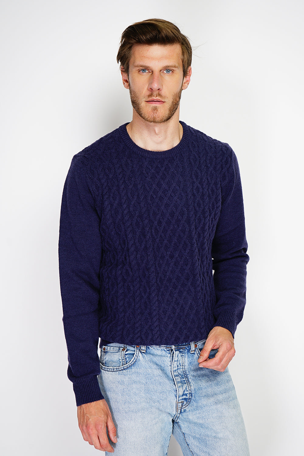 Maglione girocollo a trecce BLU SCURO -WFM68