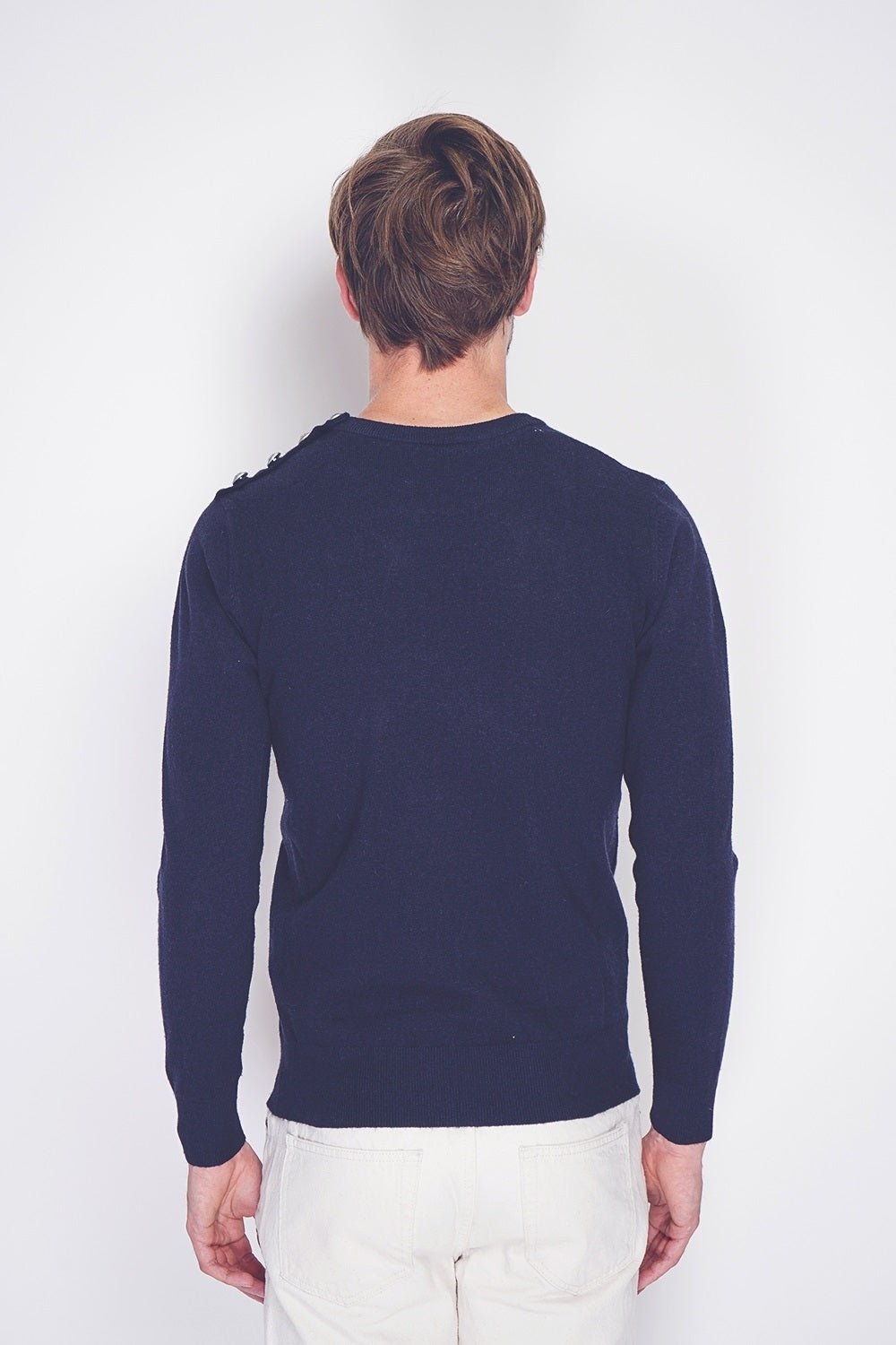 Maglione girocollo con bottoni sulle spalle BLU SCURO -WFM78