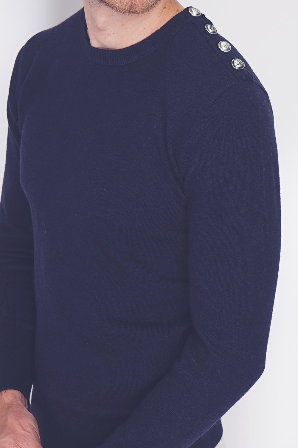 Maglione girocollo con bottoni sulle spalle BLU SCURO -WFM78