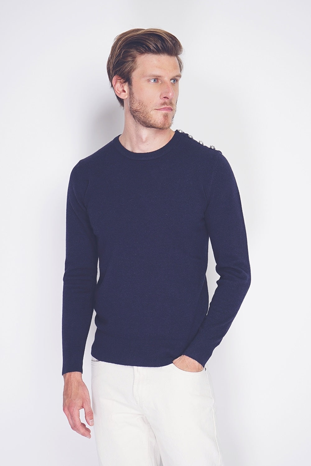 Maglione girocollo con bottoni sulle spalle BLU SCURO -WFM78