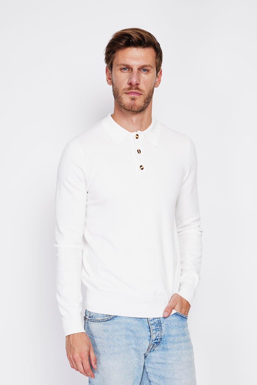 Maglione a collo alto in maglia a 3 strati con bottoni e maniche lunghe Naturale