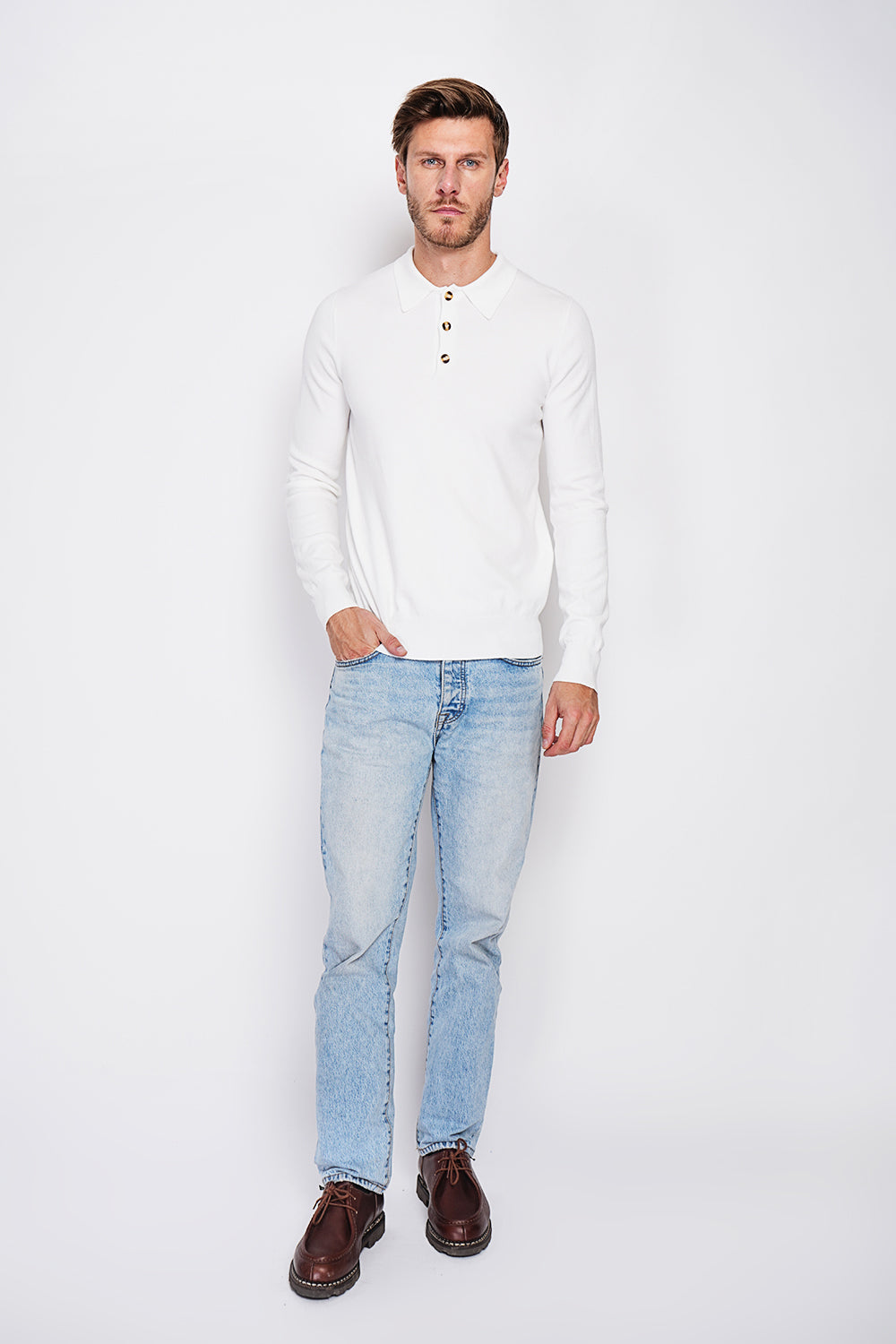 Maglione a collo alto in maglia a 3 strati con bottoni e maniche lunghe Naturale