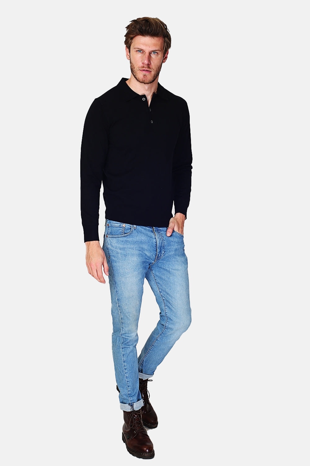 Maglione a collo alto in maglia a 3 strati con bottoni e maniche lunghe Nero