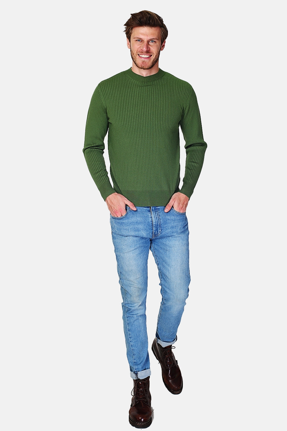 Maglione girocollo a maniche lunghe in maglia a coste 3 capi Verde Prato -WFM98