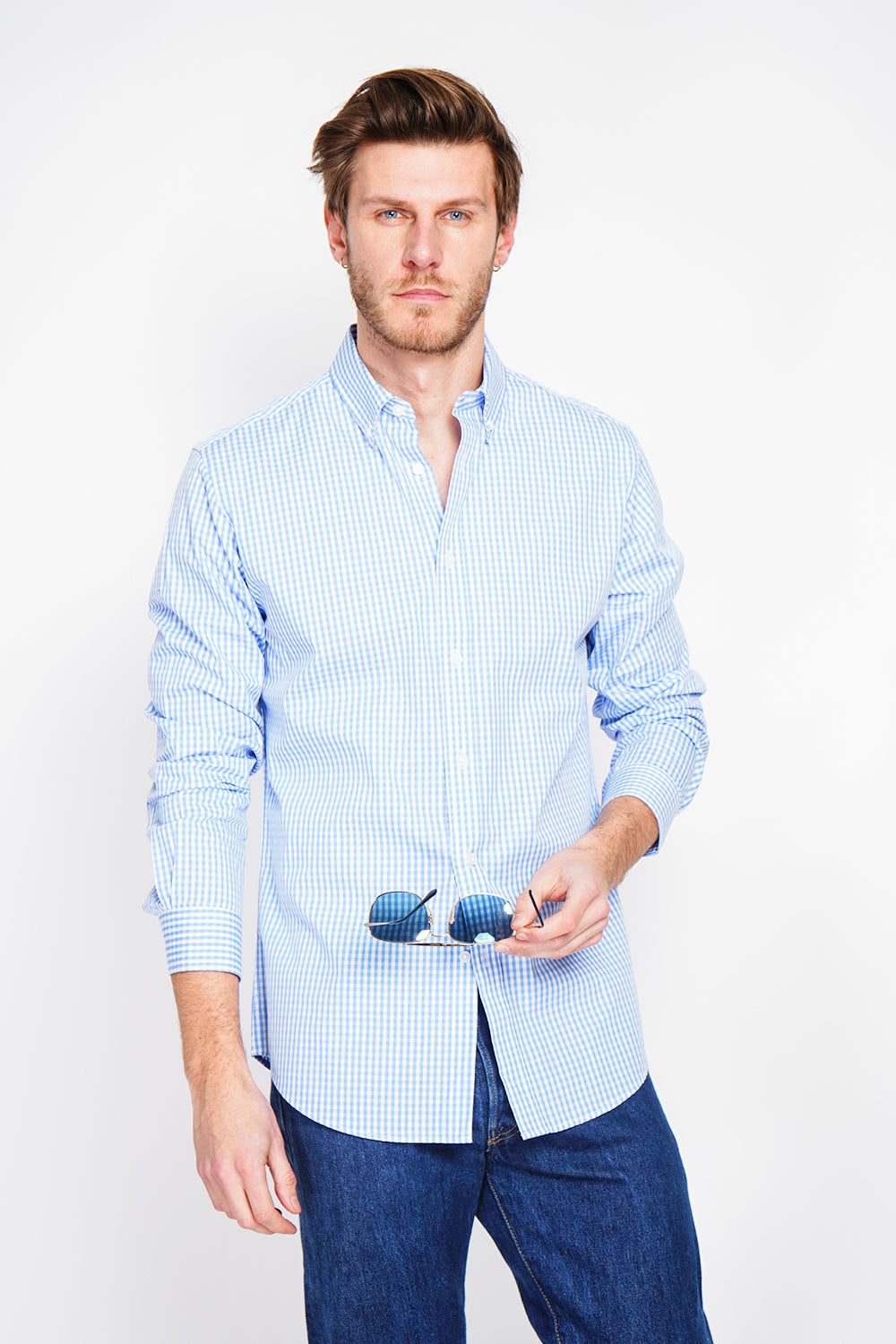 Camicia in cotone twill con colletto alla francese Blu Azzurro