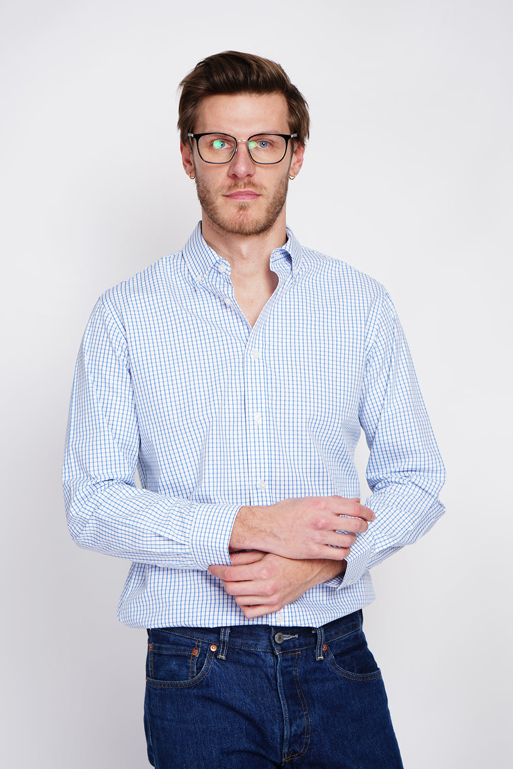 Camicia in lino semplice con colletto classico  Bianco/Blu