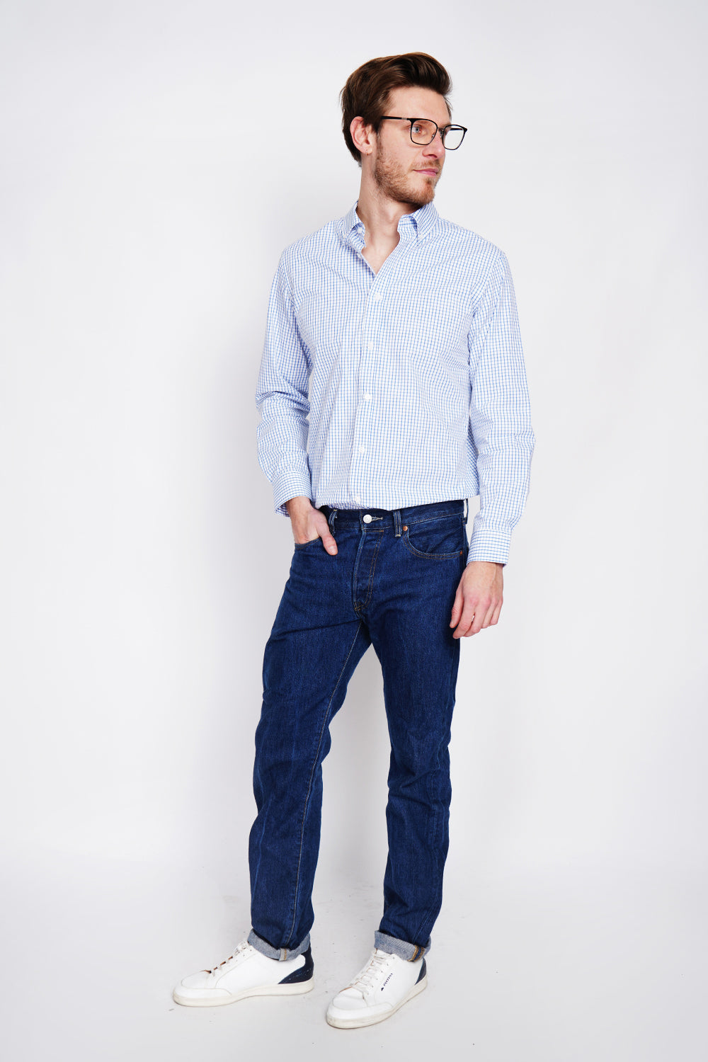 Camicia in lino semplice con colletto classico  Bianco/Blu