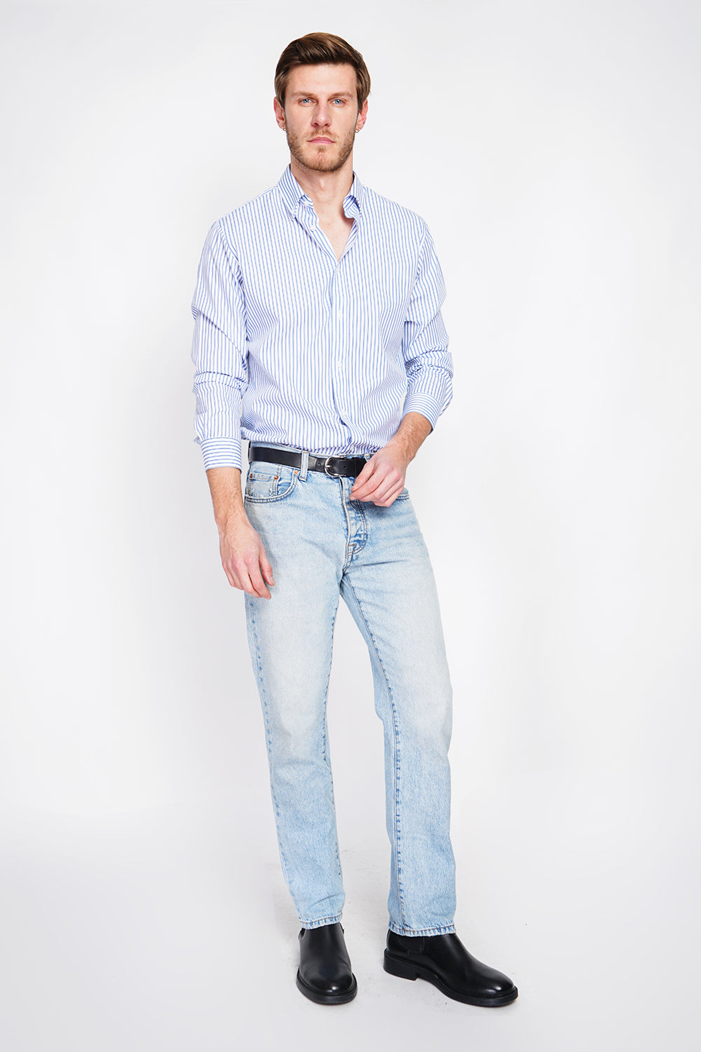 Camicia in lino semplice con colletto classico Blu Azzurro