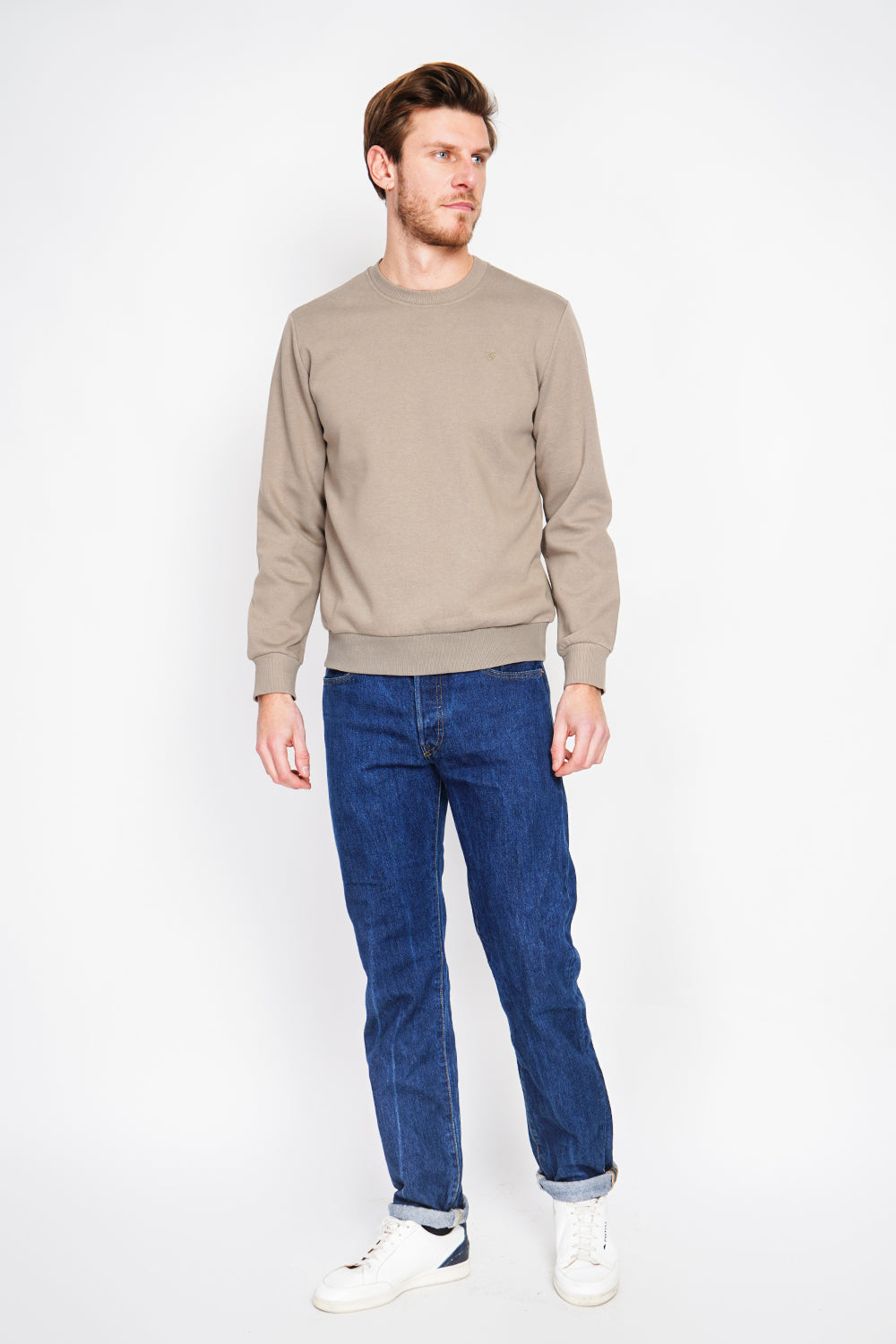 Felpa girocollo in pile double face con logo sul petto Cachi chiaro