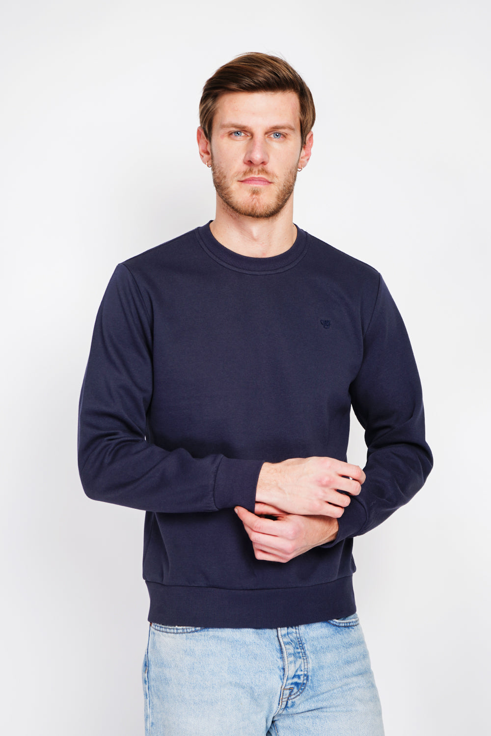 Felpa girocollo in pile double face con logo sul petto Blu navy