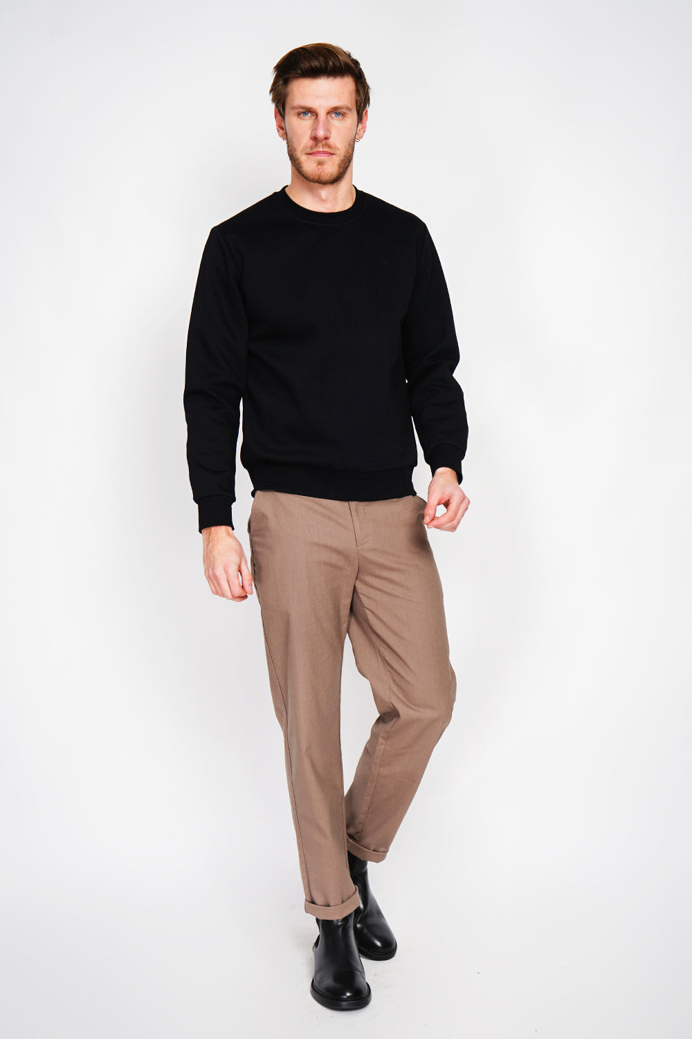 Felpa girocollo in pile double face con logo sul petto Nero