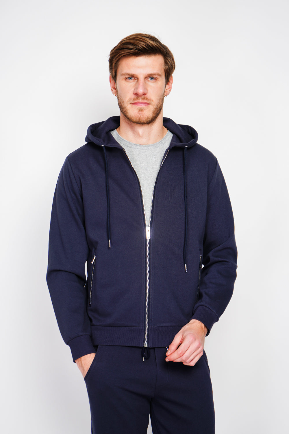 Gilet con cappuccio in pile bifacciale con cerniera e coulisse di regolazione Blu navy