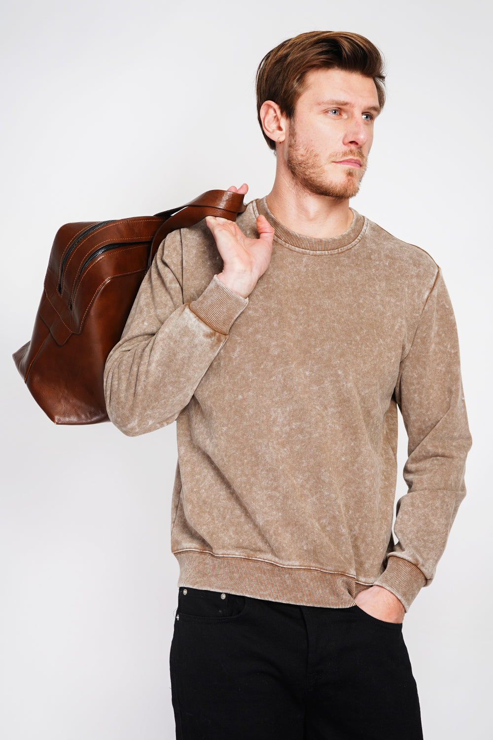 Felpa girocollo effetto lavato con maniche lunghe Marrone