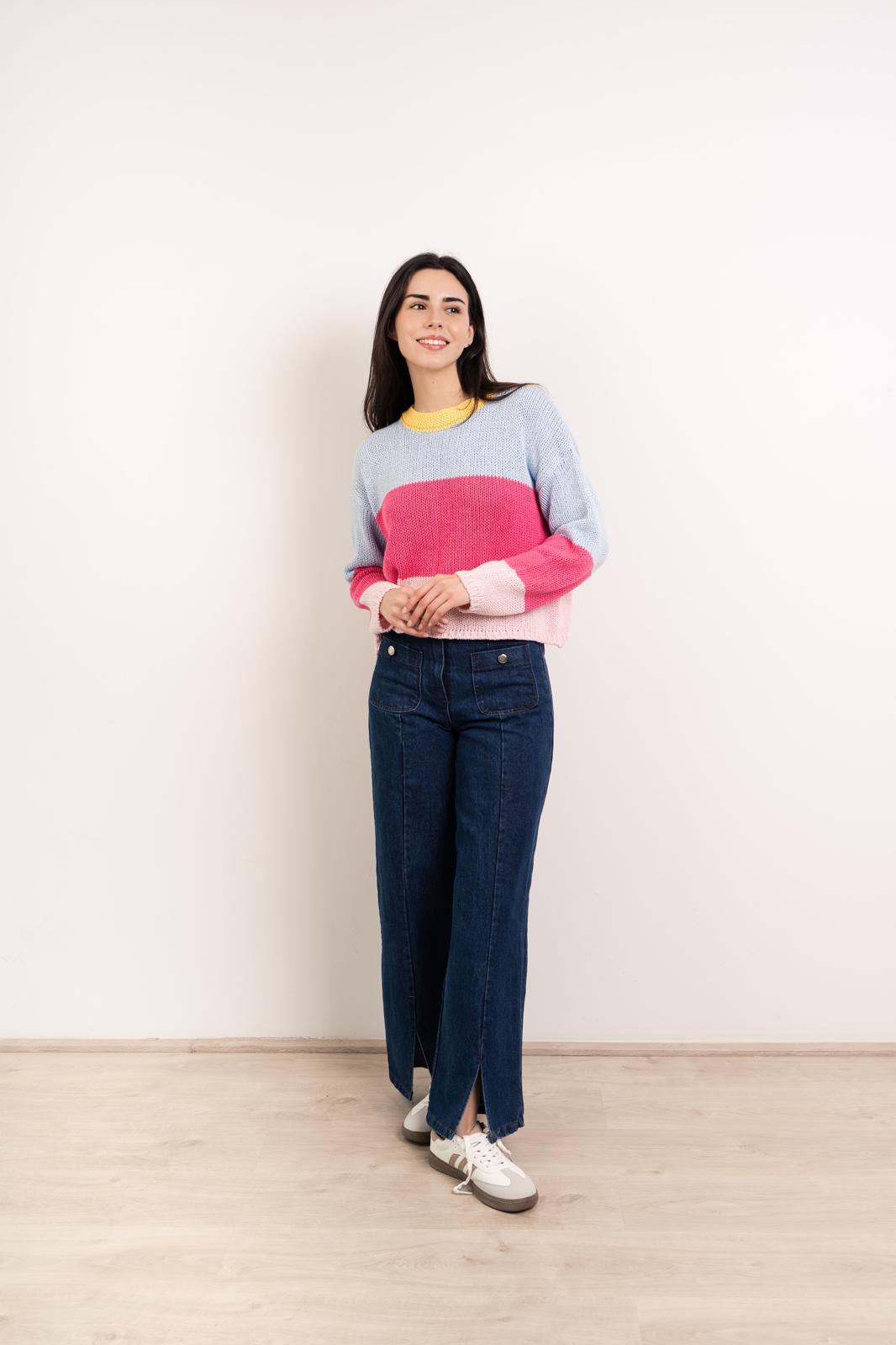 Maglione in cotone blu e rosa Jana