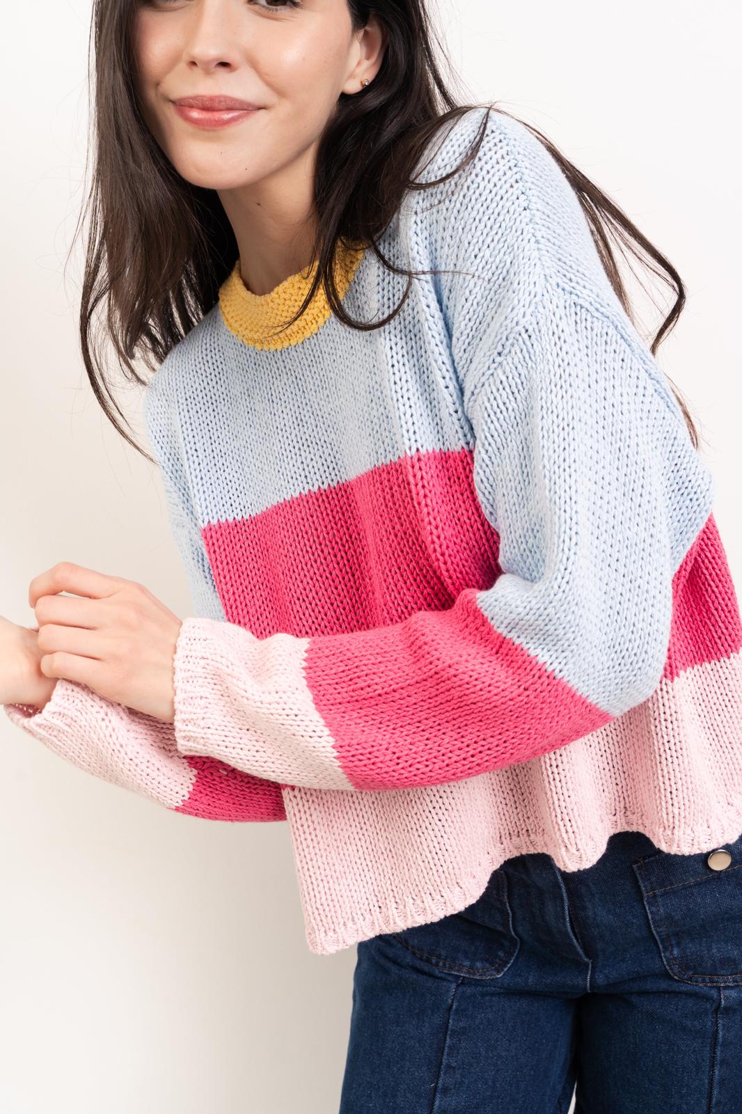 Maglione in cotone blu e rosa Jana