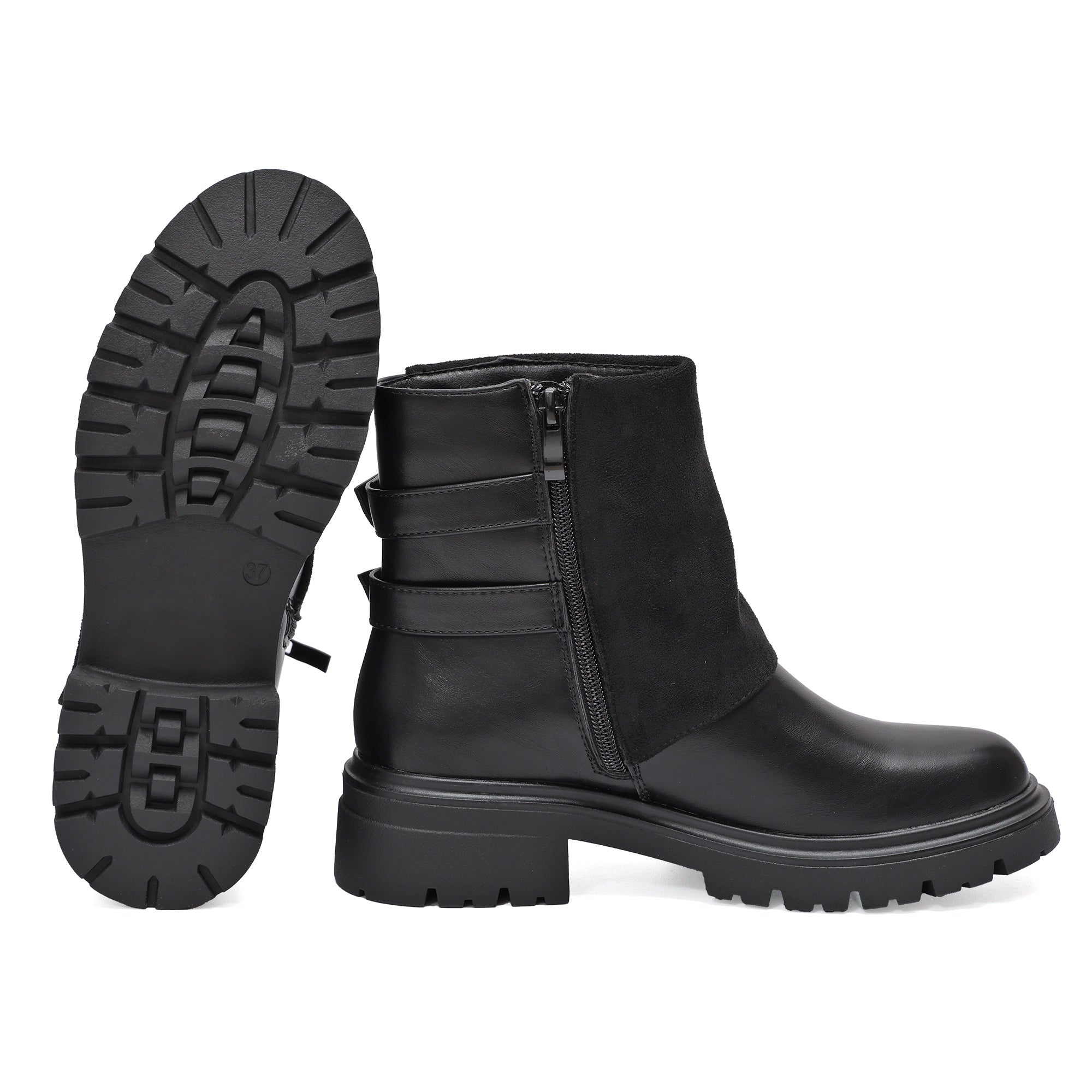 Stivaletto in simil pelle con cinturini e pelle camosciata Nero