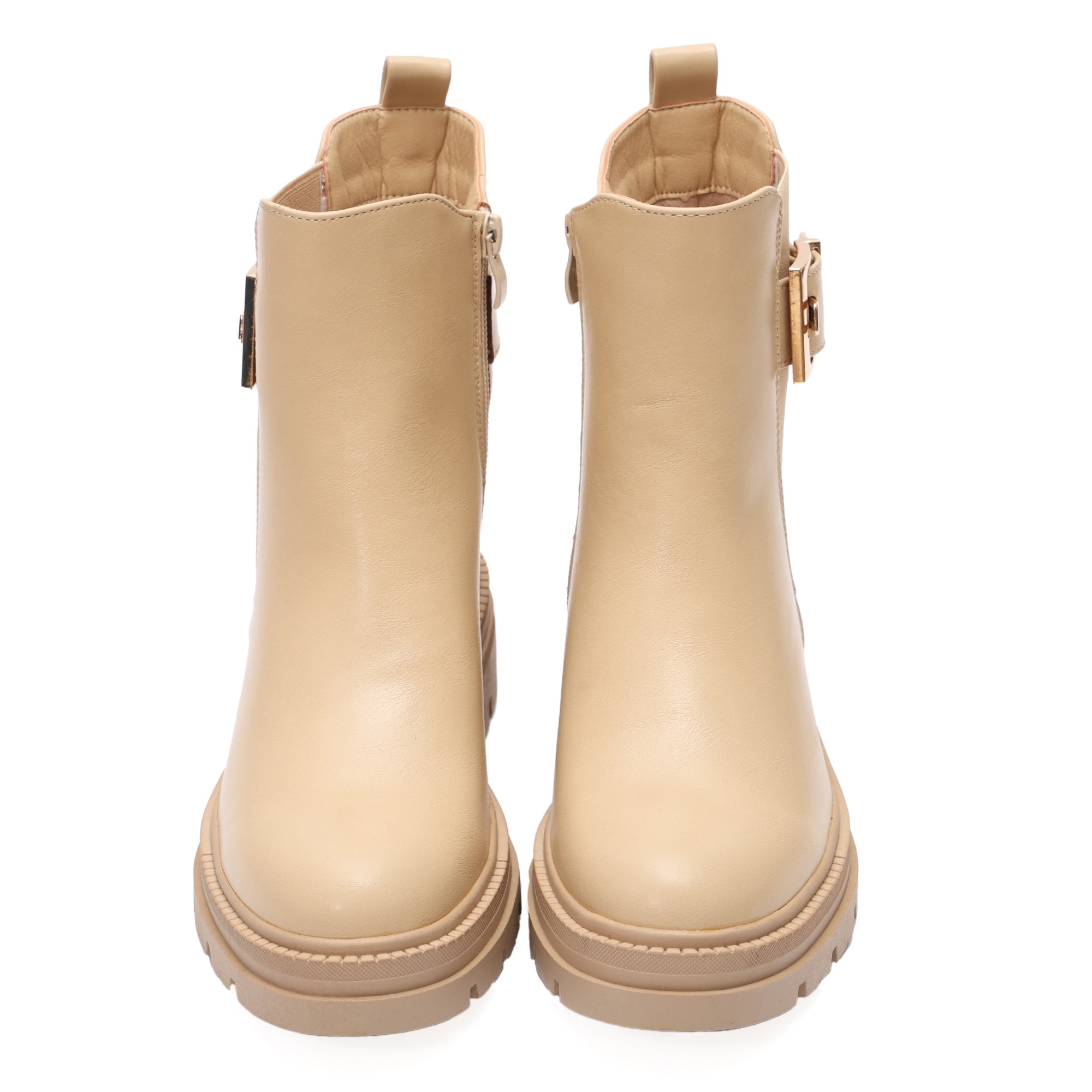 Stivaletto in simil pelle con elastico laterale e fibbia dorata Beige