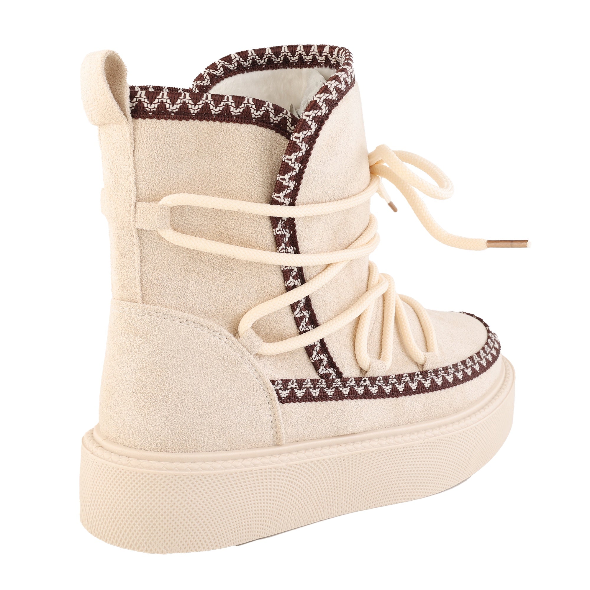 Stivaletti in simil camoscio imbottiti con stringhe e ricamo Beige