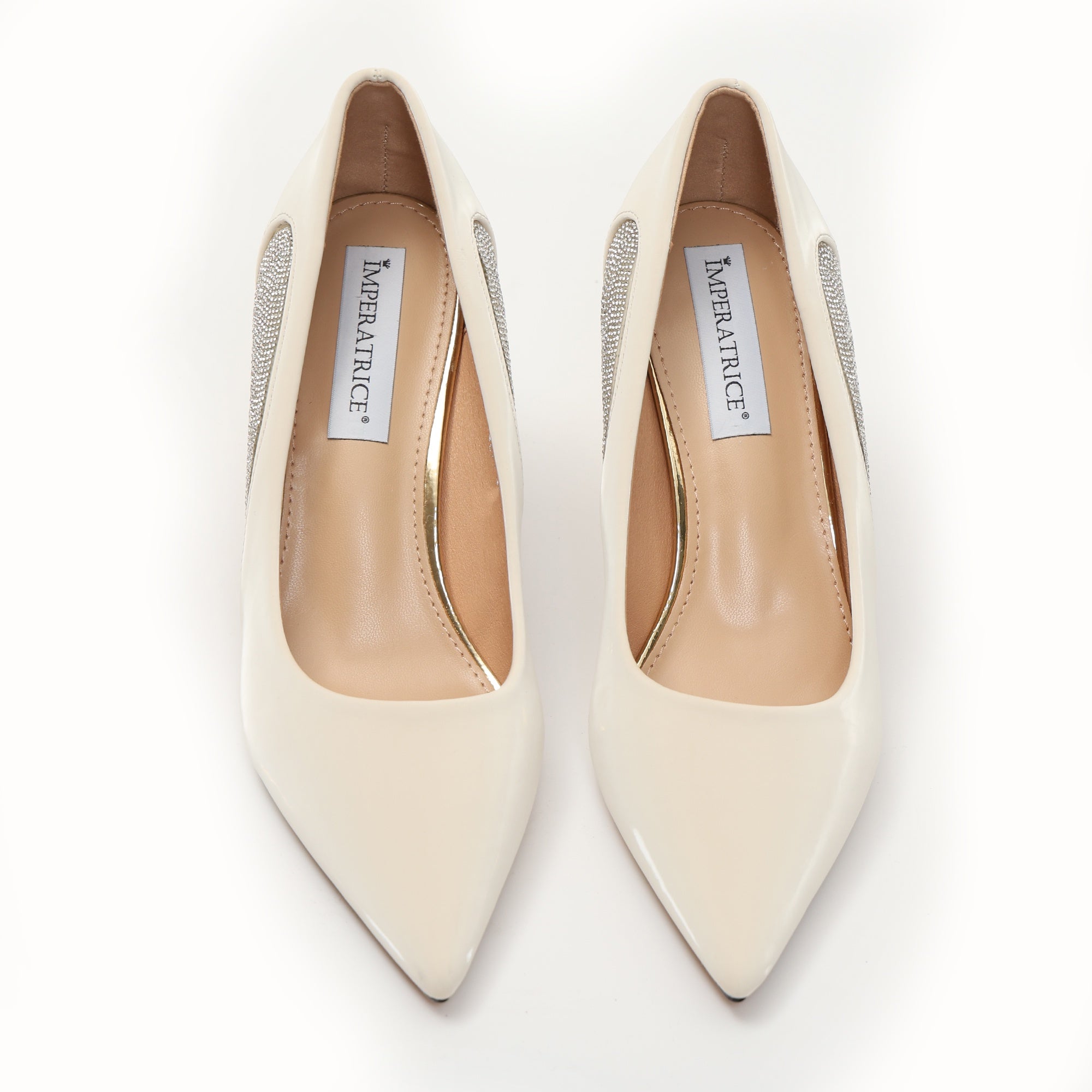 Dècolletè pumps in simil pelle verniciata con strass laterali Beige