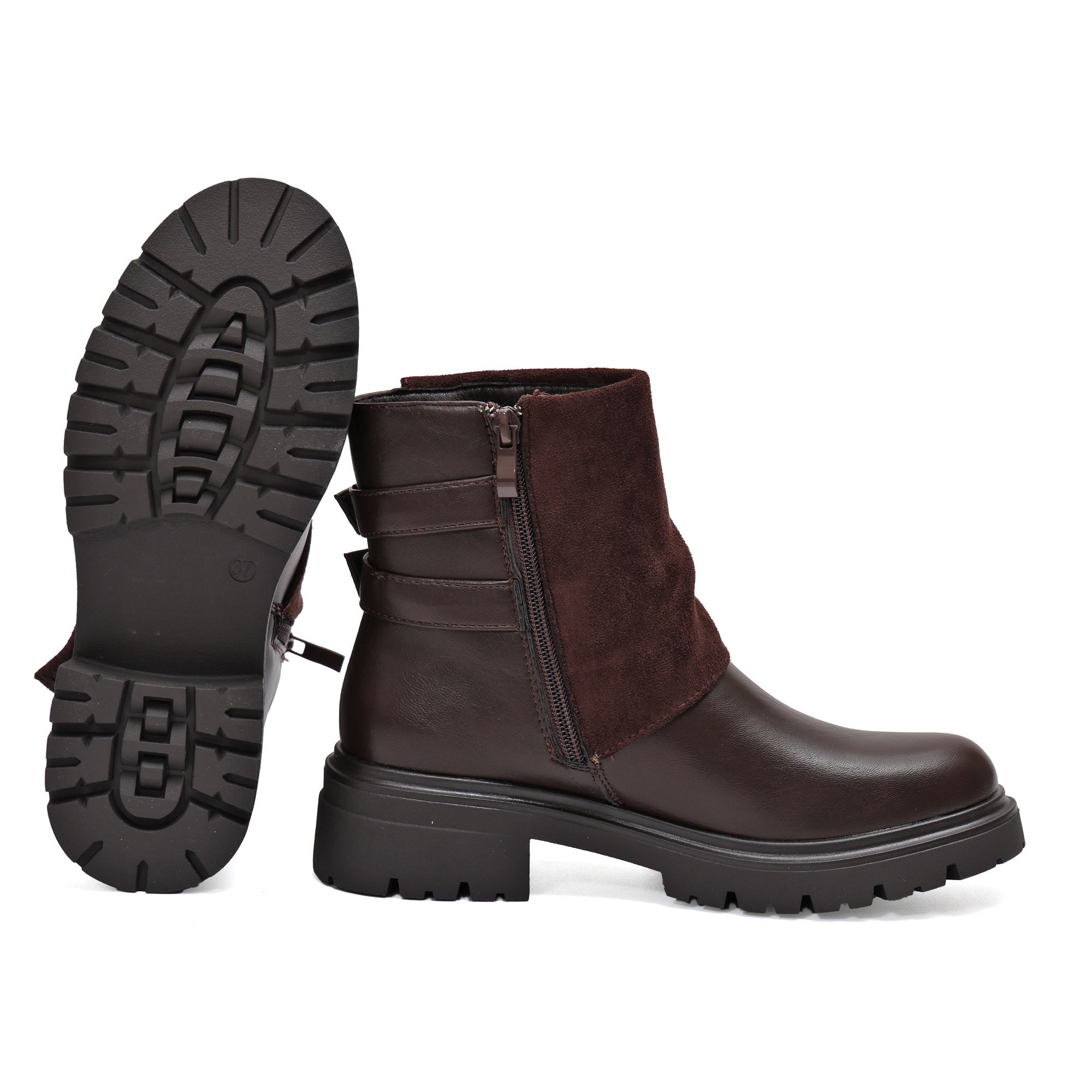 Stivaletto in simil pelle con cinturini e pelle camosciata Marrone