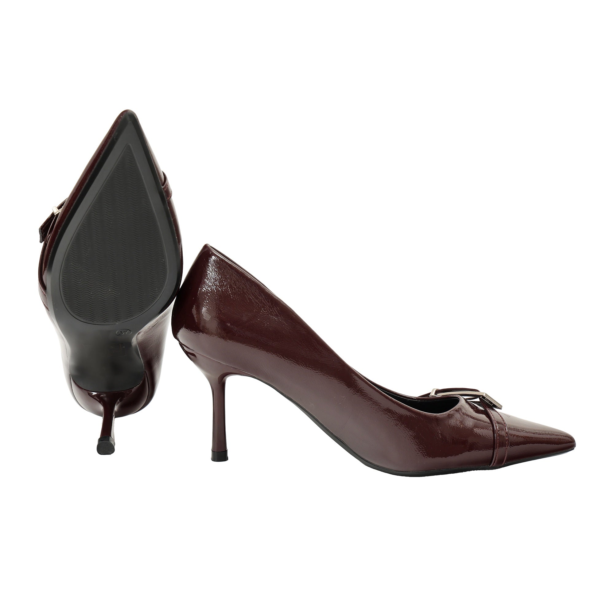 Decolletè in simil pelle verniciata con cinturino Marrone