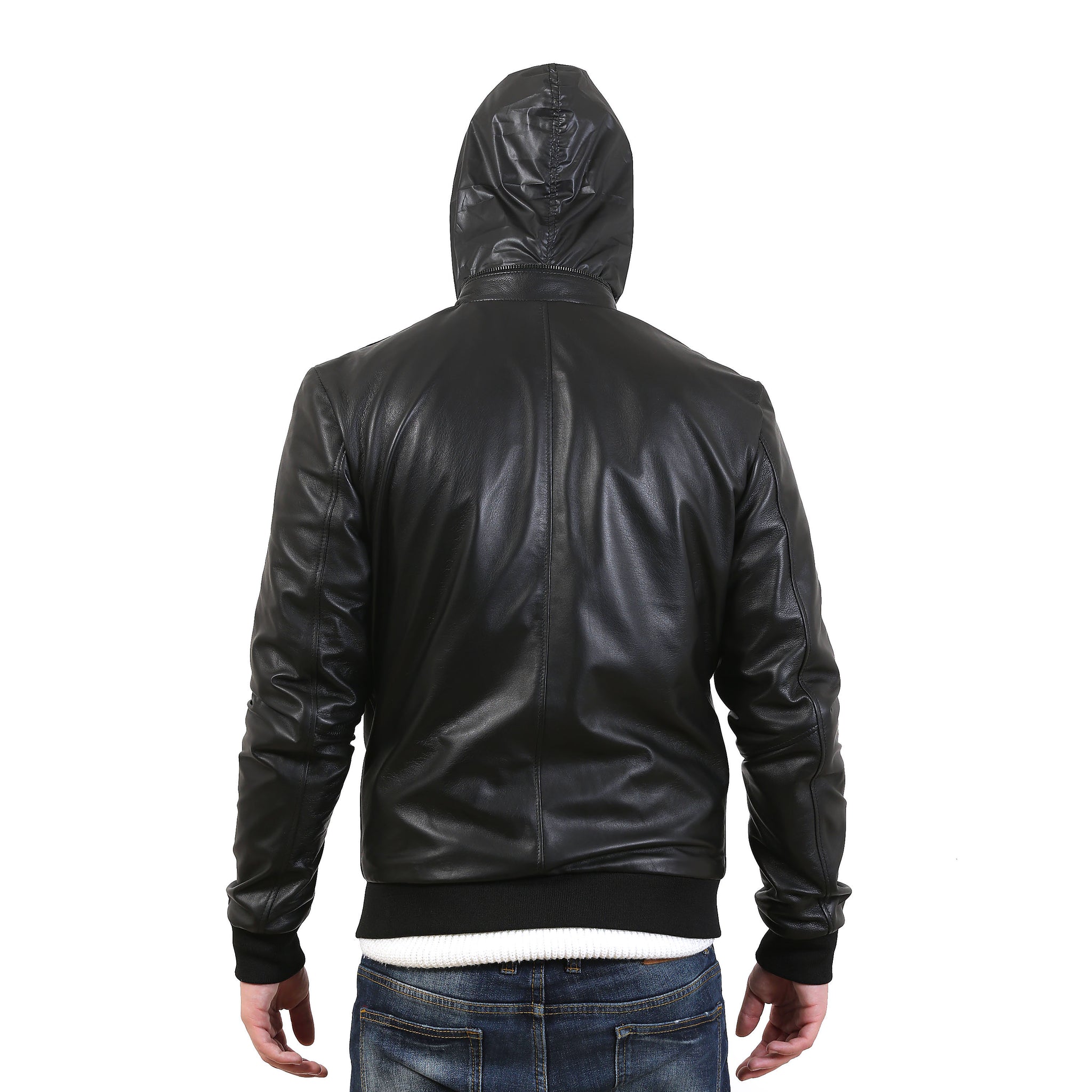 Giubbino in pelle di vitello nappa con cappuccio Nero