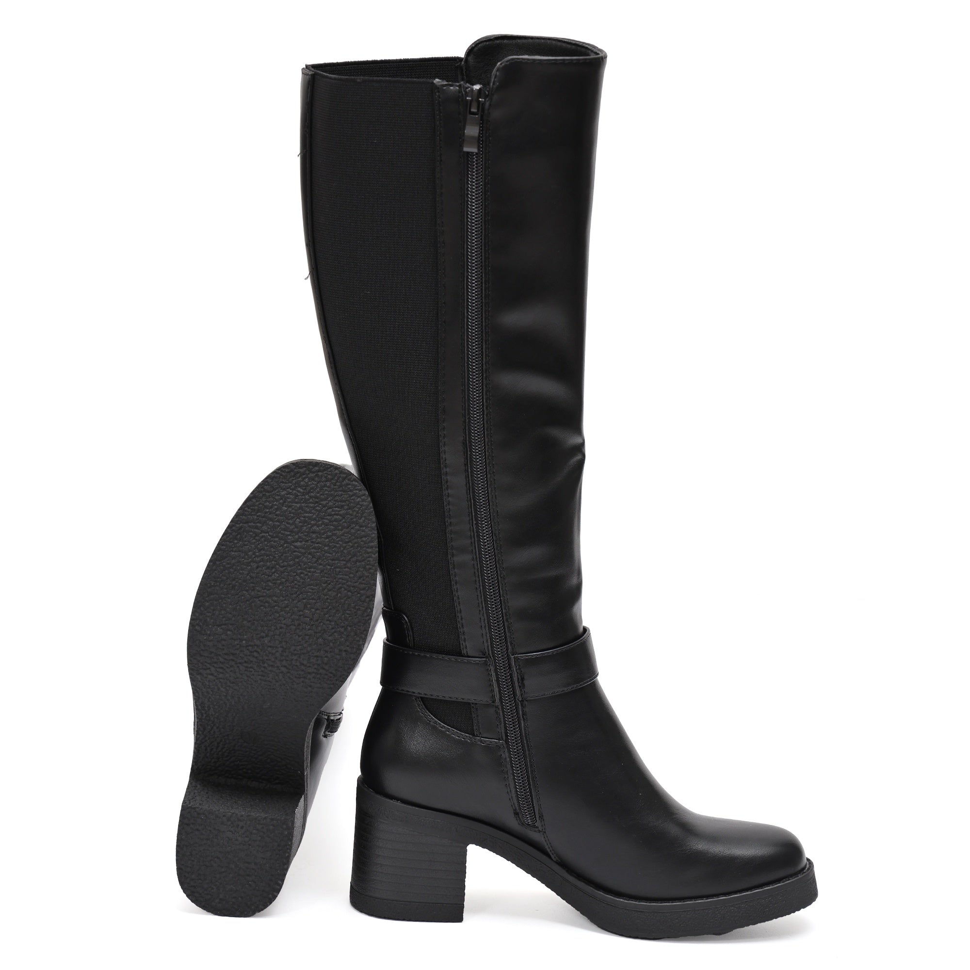 Stivale in simil pelle con fascia elastica e cinturino dorato Nero