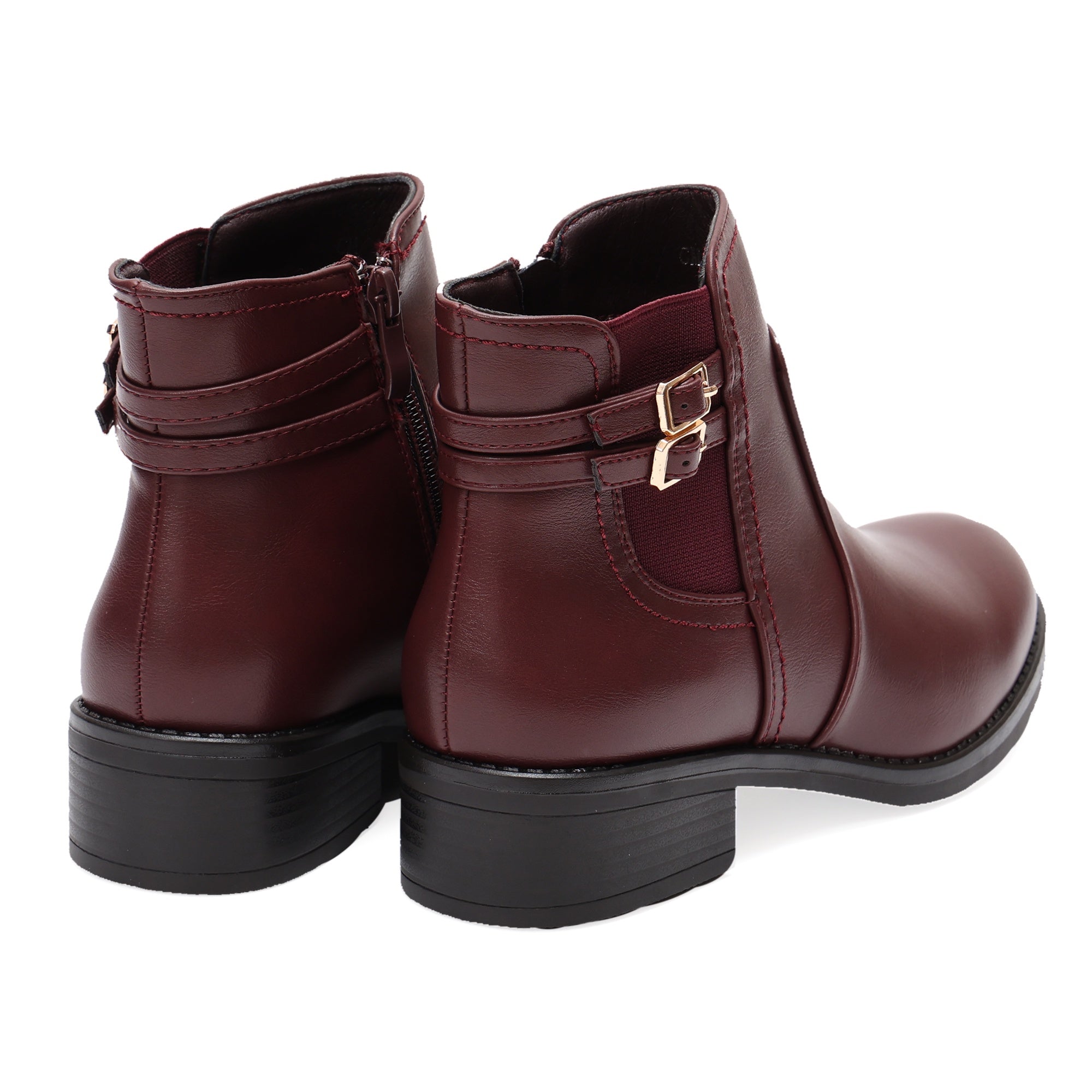 Stivaletti in simil pelle con fibbia dorata e elastico laterale Bordeaux