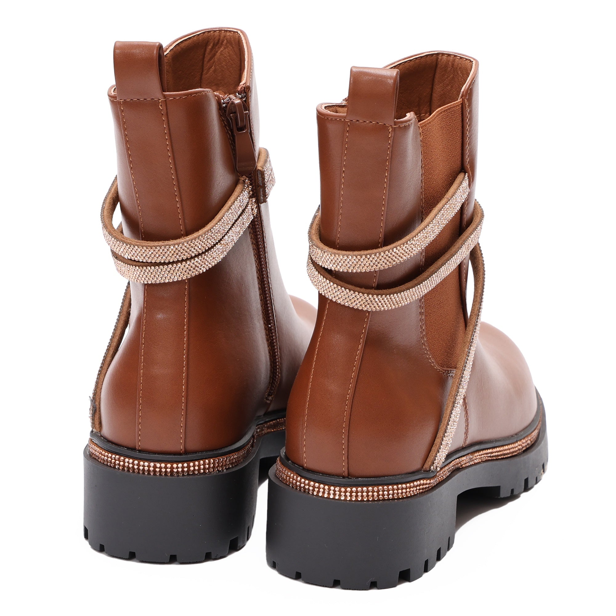 Stivaletti in simil pelle con applicazioni dorate Cammello