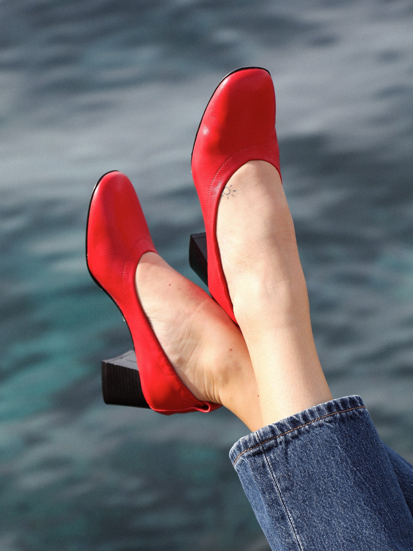 Ballet Pumps in Italian Leather with block heel | Perri Red