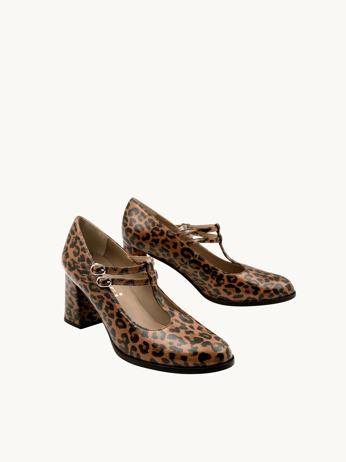 Leopard T-Bar Mary Jane Pumps in Leather with Block Heel and Double Strap  | Rey Leopard