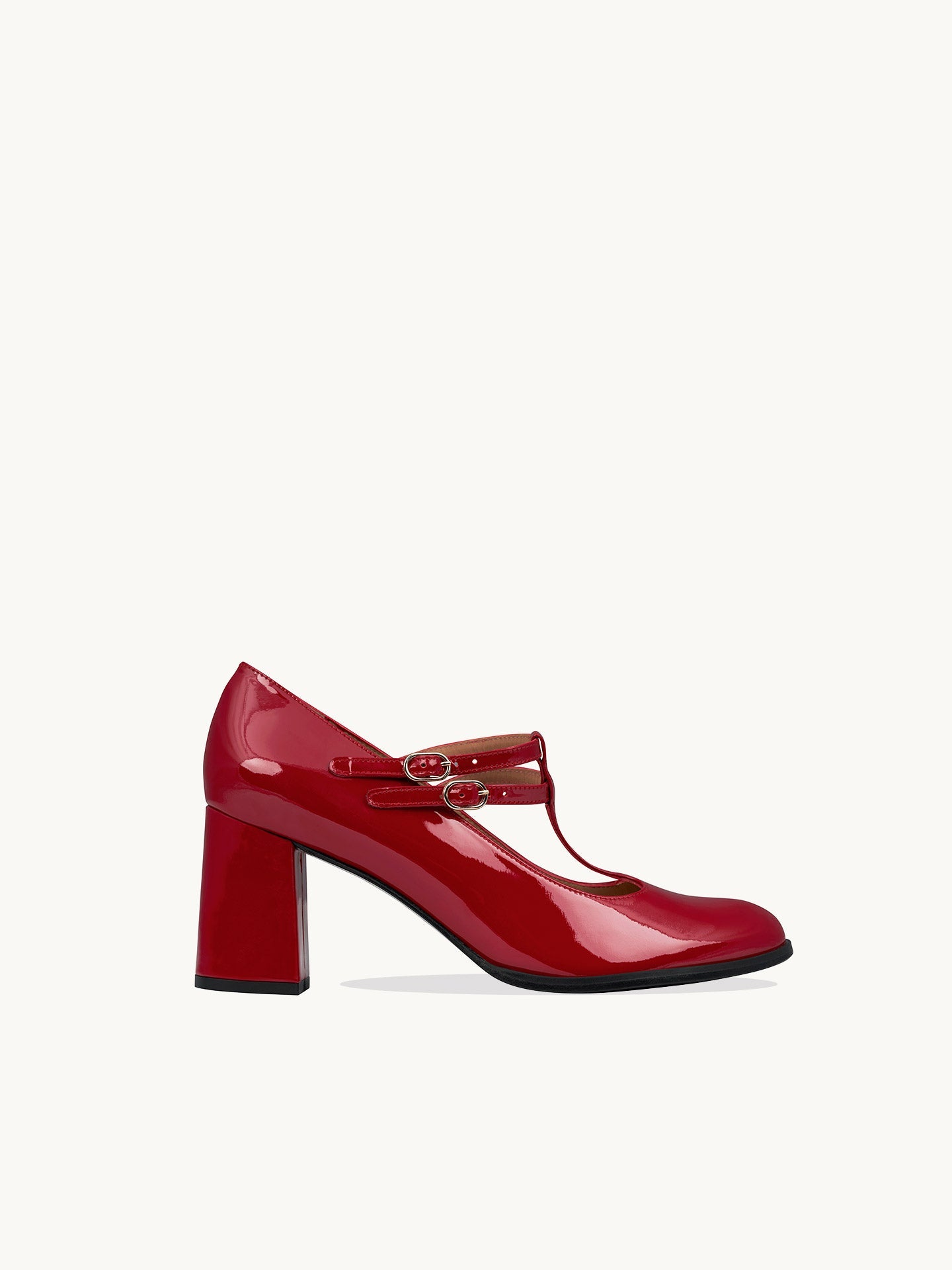 Red T-Bar Mary Jane Pumps in Leather with Block Heel and Double Strap | Rey Red