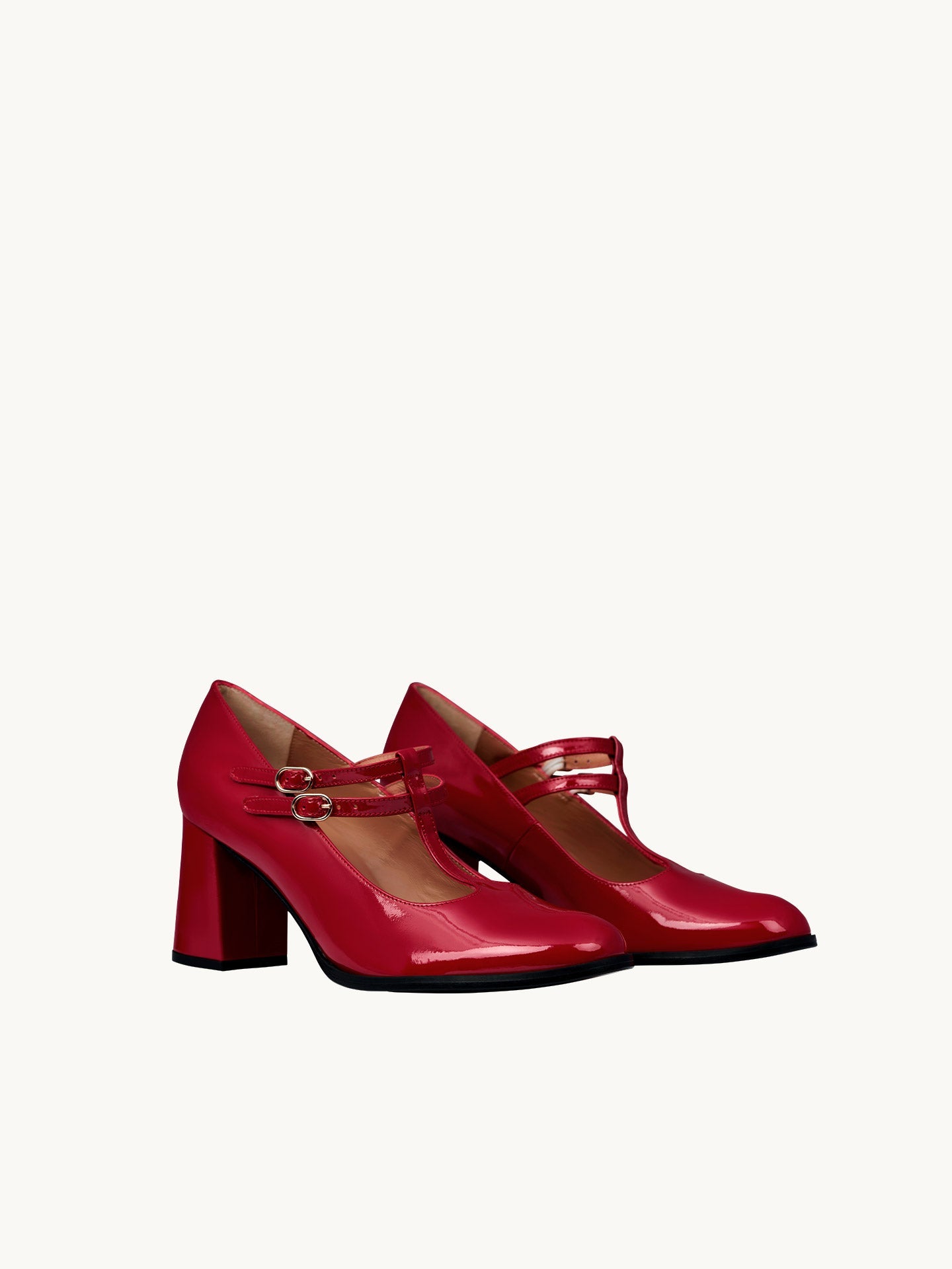 Red T-Bar Mary Jane Pumps in Leather with Block Heel and Double Strap | Rey Red