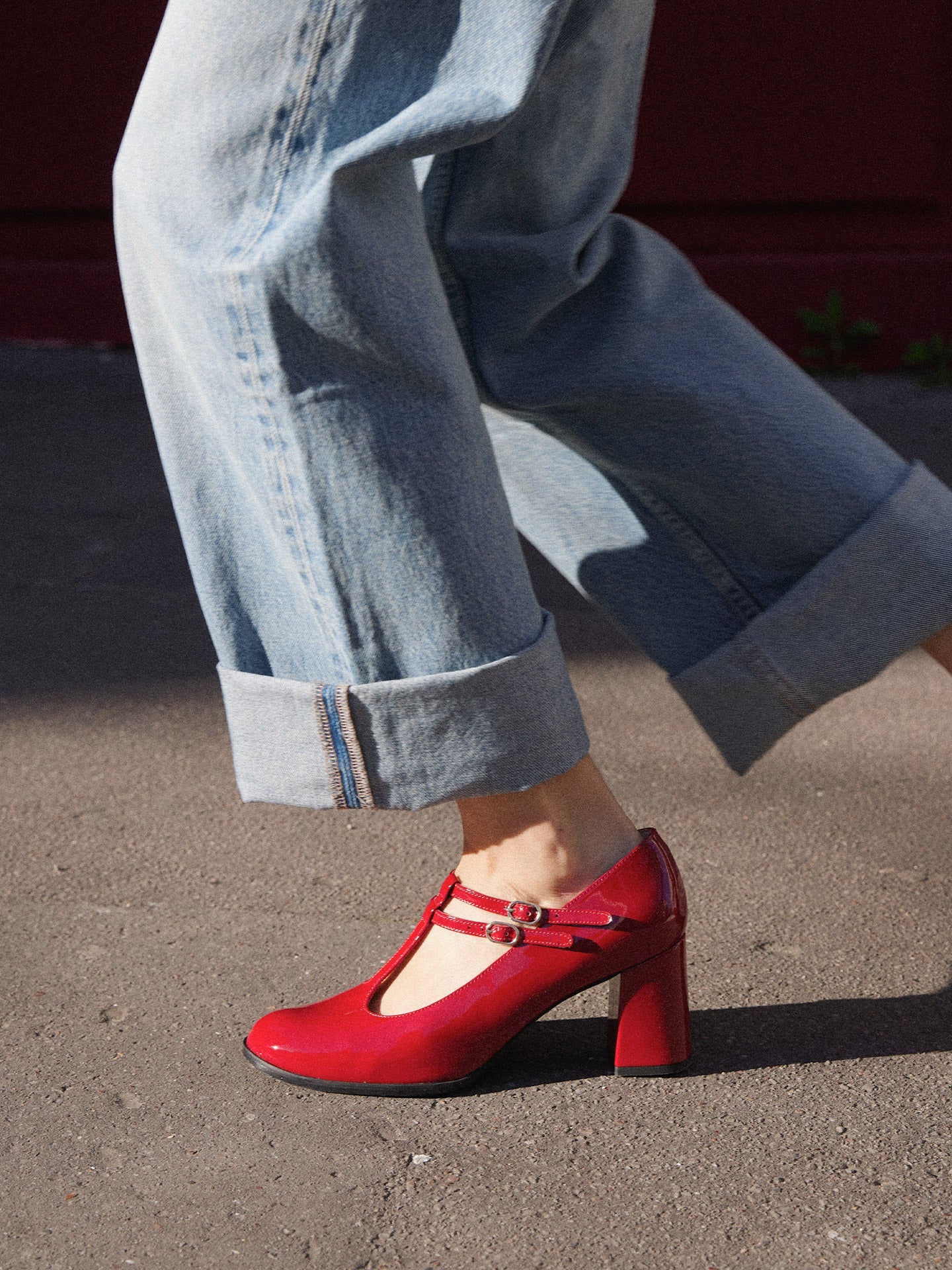 Red T-Bar Mary Jane Pumps in Leather with Block Heel and Double Strap | Rey Red