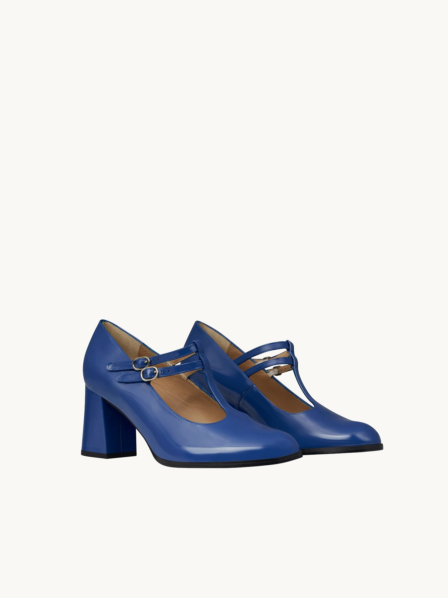 Blue T-Bar Mary Jane Pumps in Leather with Block Heel and Double Strap | Rey Royal Blue