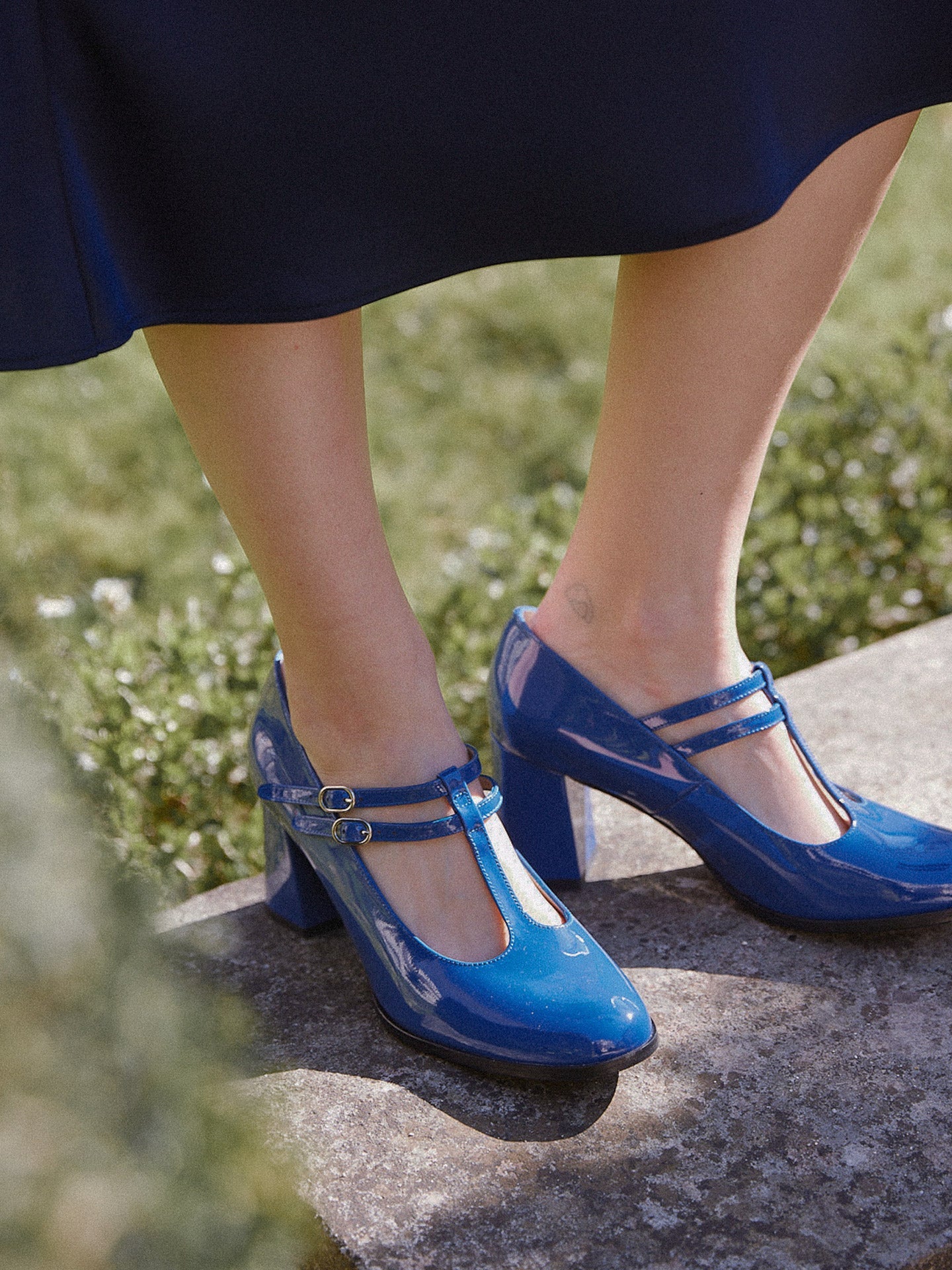 Blue T-Bar Mary Jane Pumps in Leather with Block Heel and Double Strap | Rey Royal Blue
