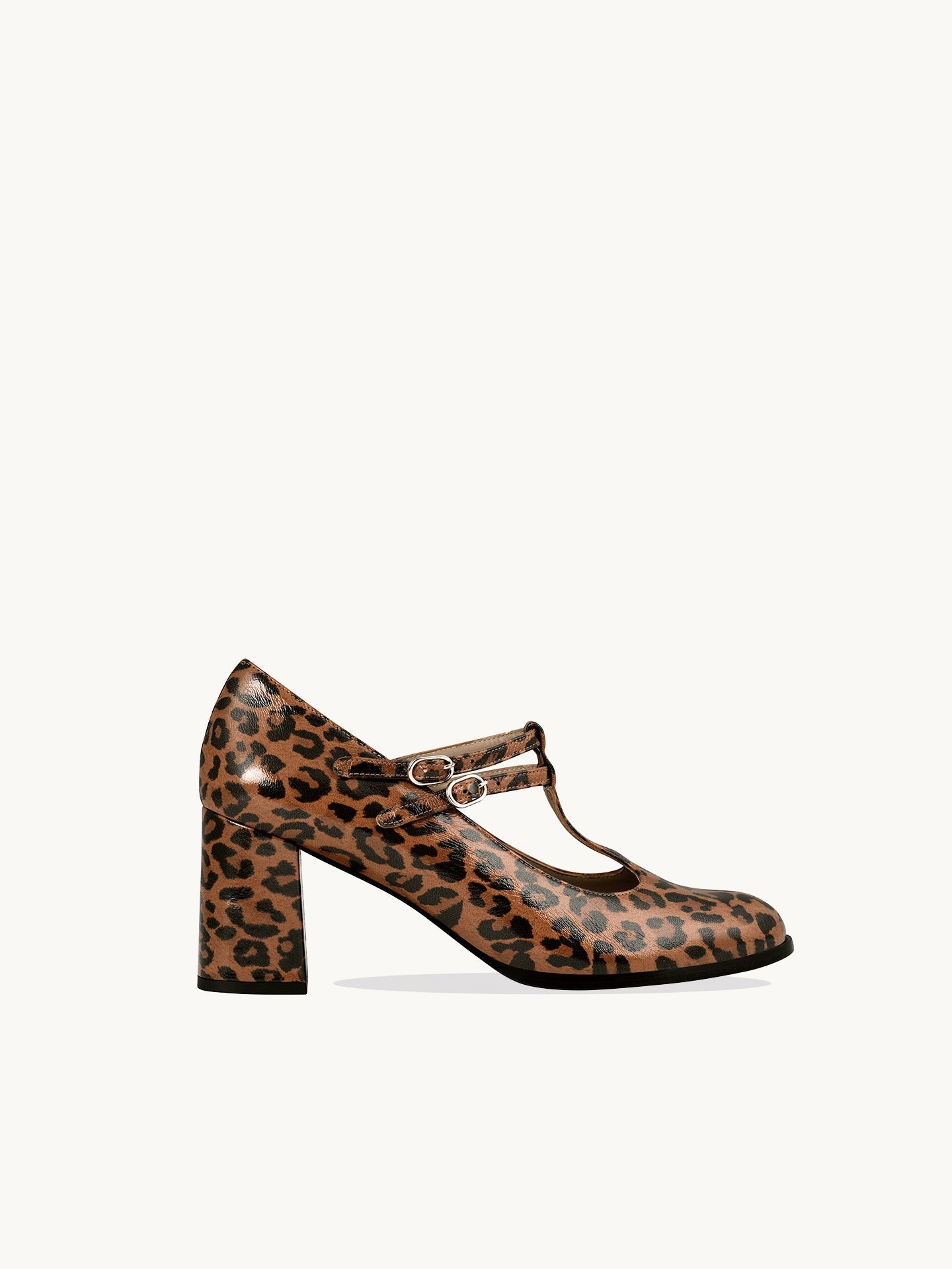 Leopard T-Bar Mary Jane Pumps in Leather with Block Heel and Double Strap  | Rey Leopard