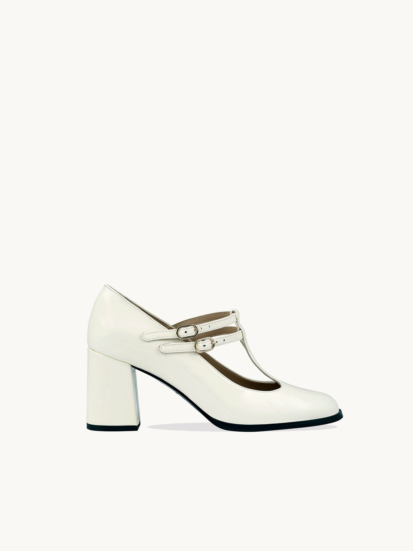 White T-Bar Mary Jane Pumps in Leather with Block Heel and Double Strap | Rey White