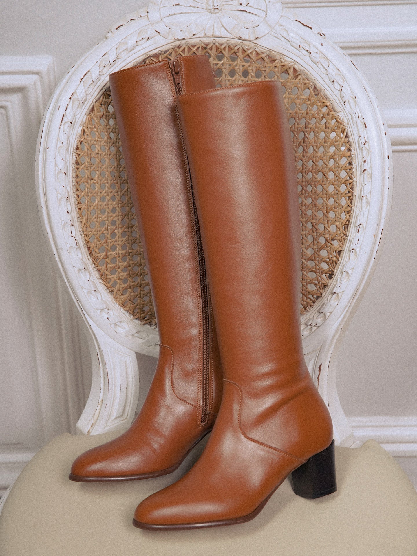 Camel Leather Knee High Boots with Heel