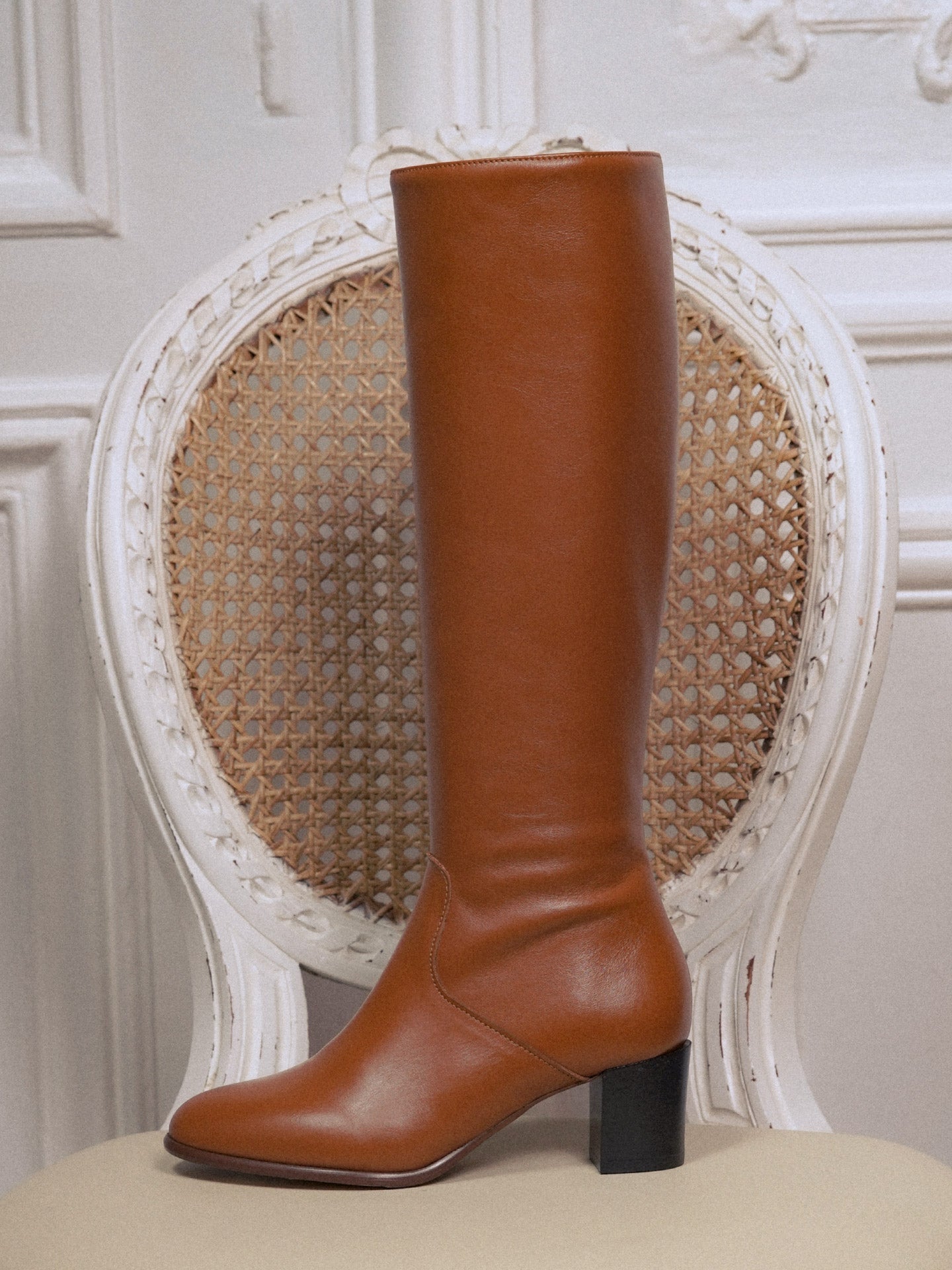 Camel Leather Knee High Boots with Heel