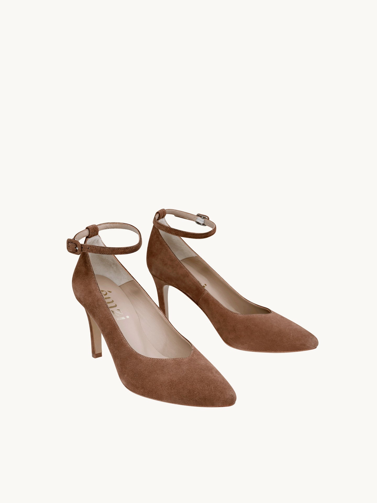 Brown Pumps in Leather with Pointed toe and Ankle Strap | Iva Suede Praline
