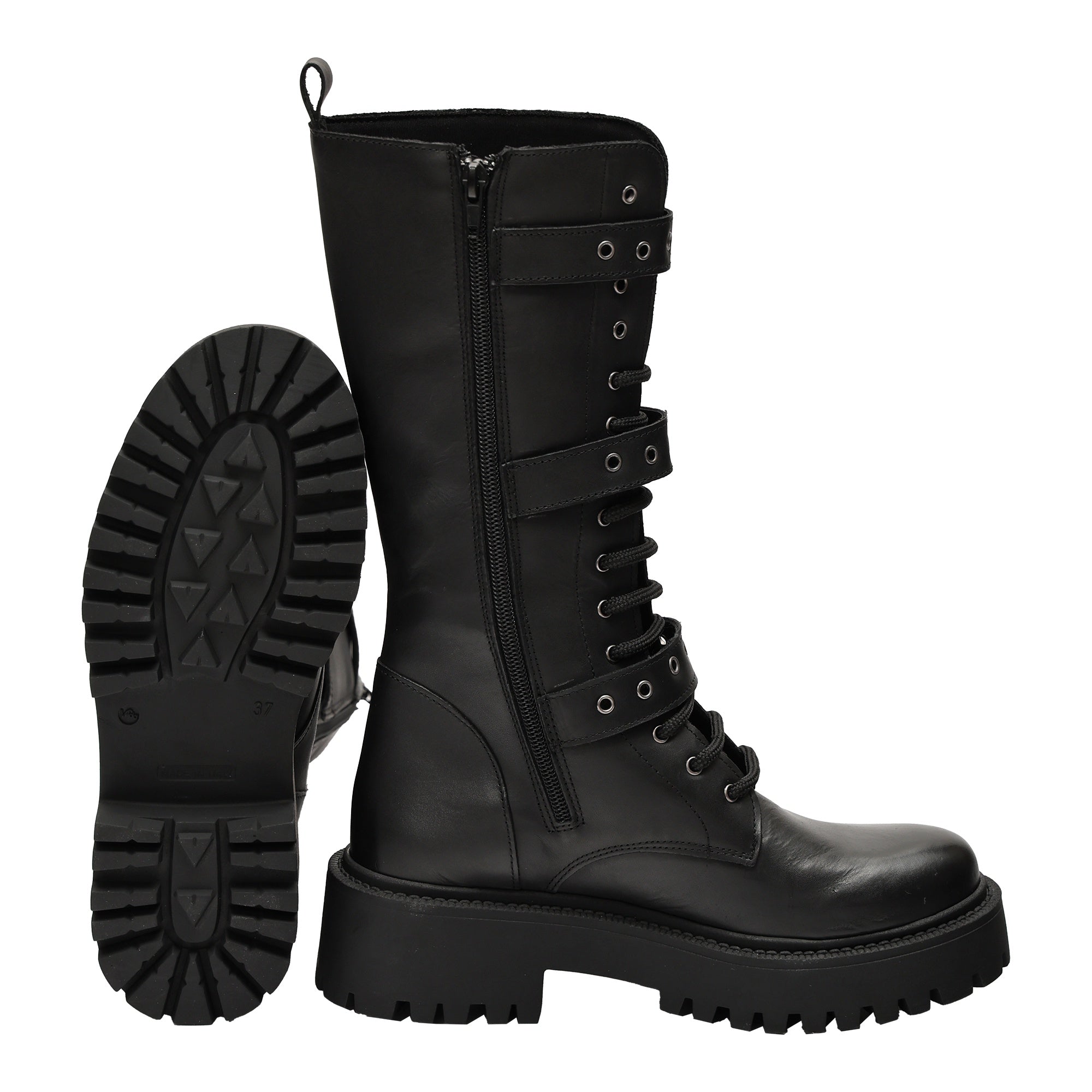 Stivali in vera pelle con stringhe e cinturini Nero