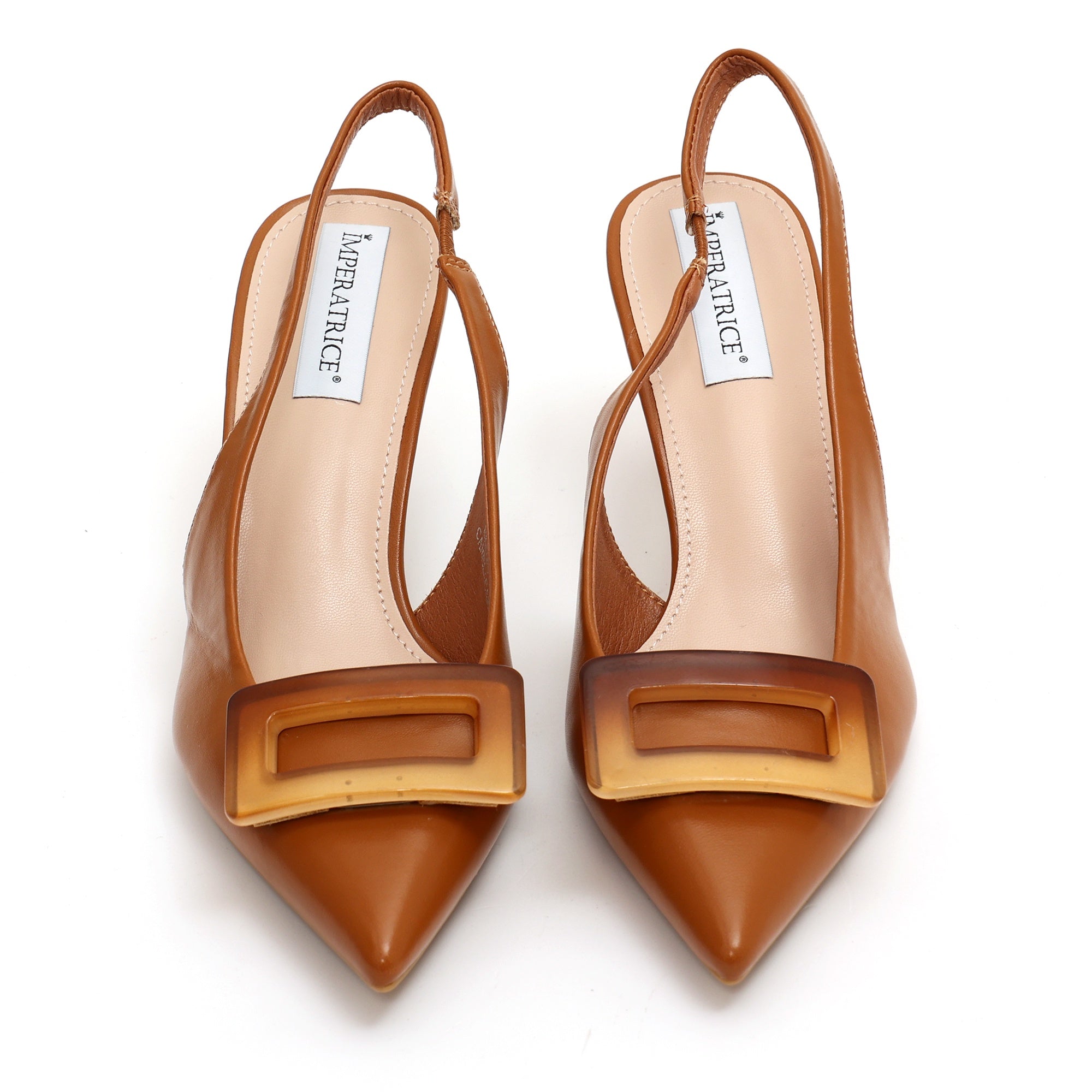 Dècolletè slingback in simil pelle con applicazione sulla punta Cammello
