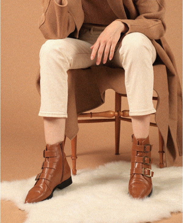 Bottines Femme camel à bout pointu avec 3 boucles | Iris Camel | ÉMZI PARIS