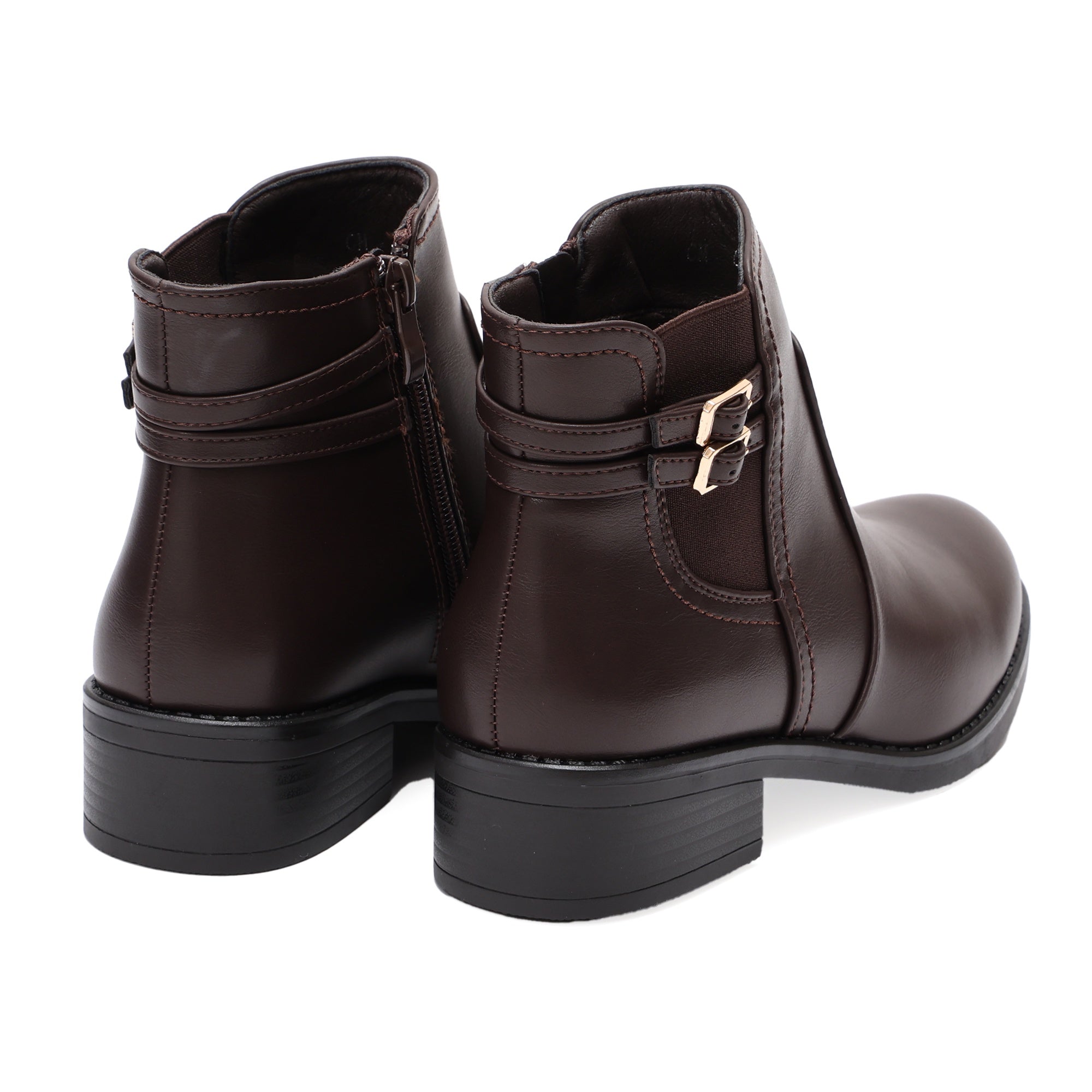 Stivaletti in simil pelle con fibbia dorata e elastico laterale Marrone