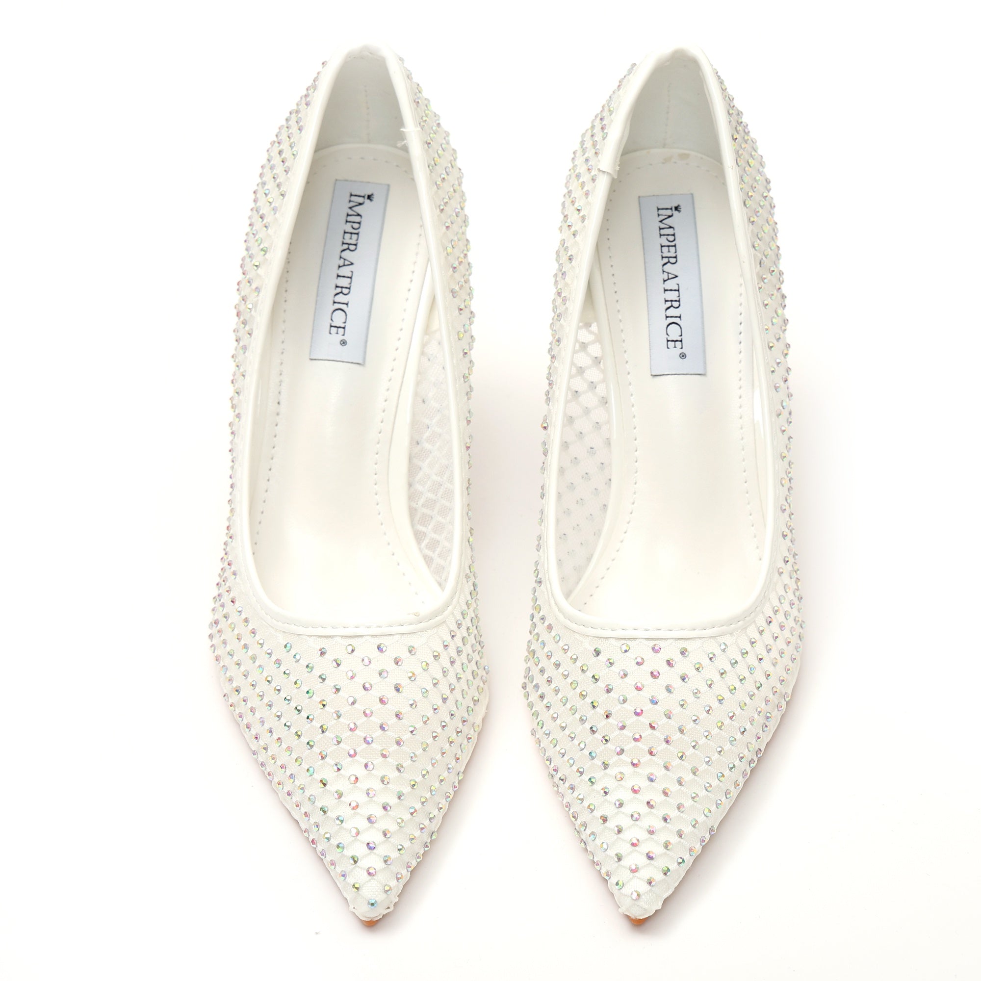 Dècolletè pumps in simil pelle con tomaia bucherellata ricoperta di strass Bianco