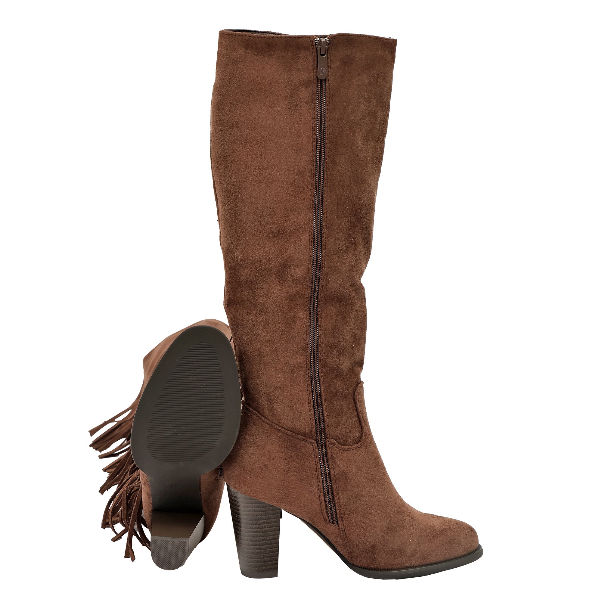 Stivali in simil camoscio con frange e tacco largo Marrone