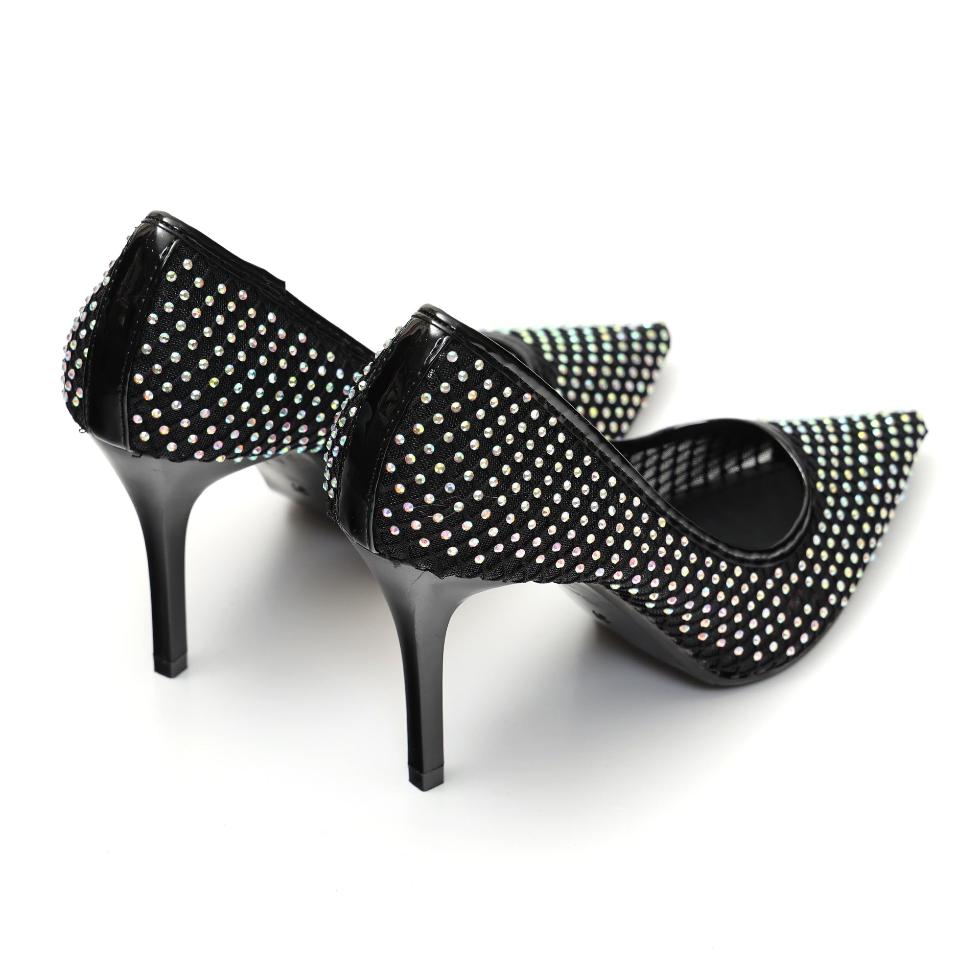 Dècolletè pumps in simil pelle con tomaia bucherellata ricoperta di strass Nero