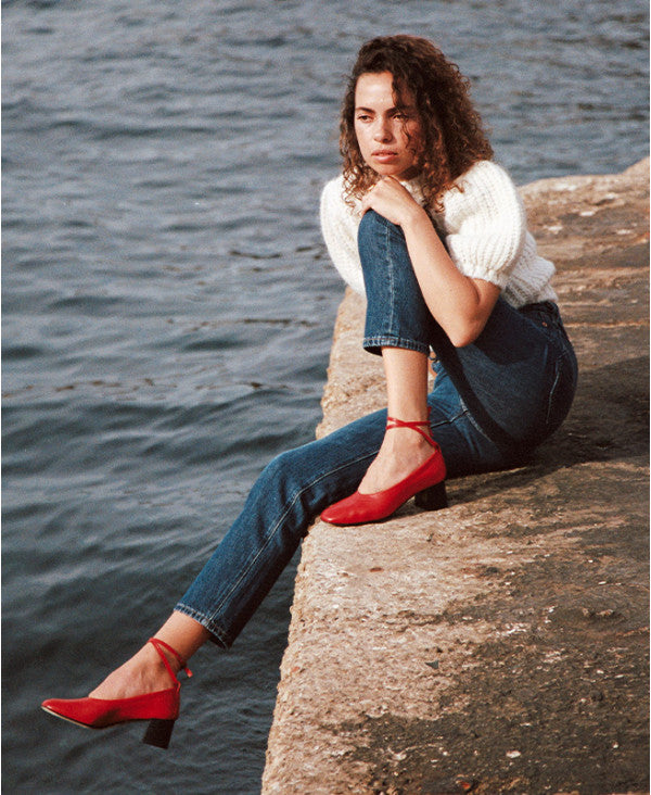Ballet Pumps in Italian Leather with block heel | Perri Red