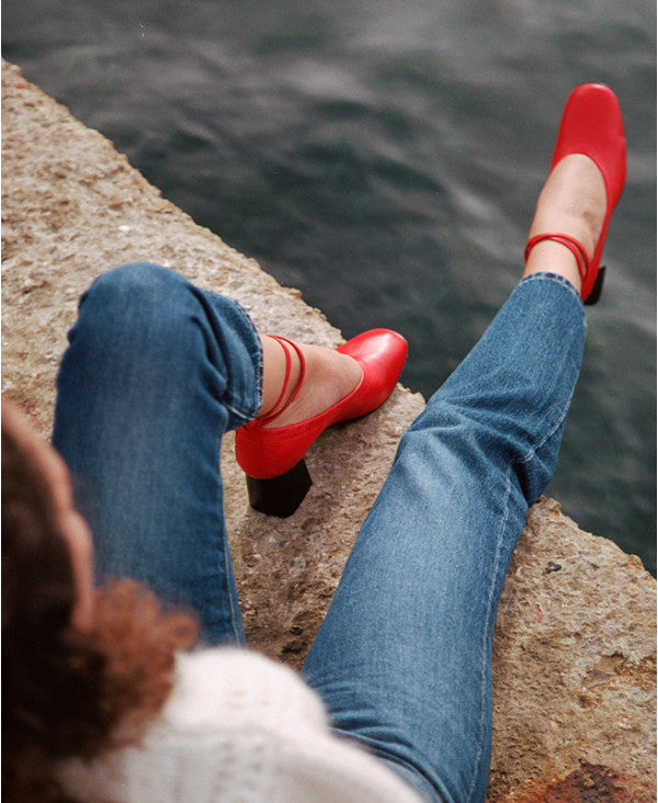 Ballet Pumps in Italian Leather with block heel | Perri Red